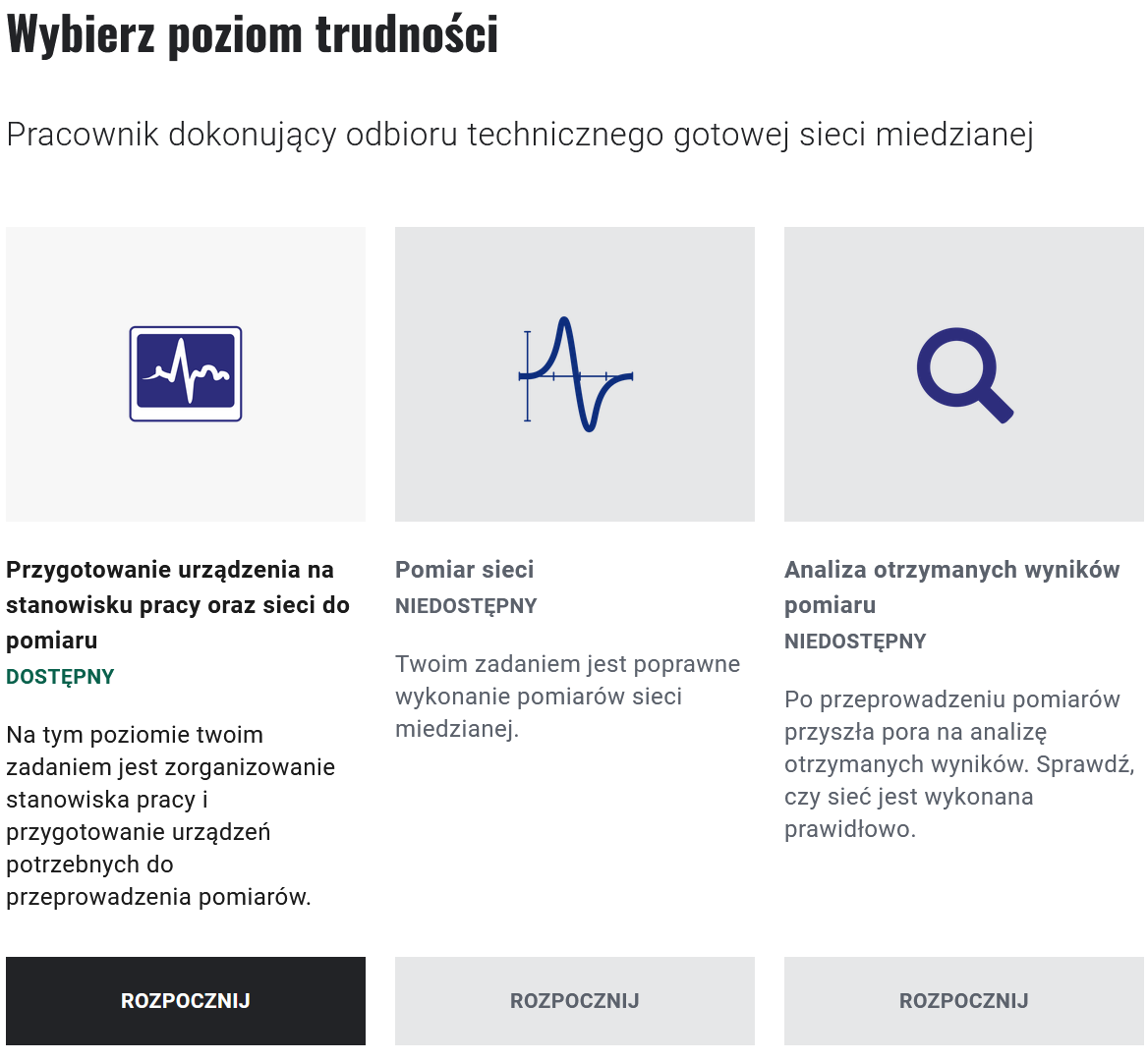 Grafika przedstawia okno wyboru poziomu gry. Do wyboru są trzy poziomy. Każdy z poziomów opatrzony jest opisem oraz grafiką. Uczeń przechodzi do gry po kliknięciu przycisku "Rozpocznij". Początkowo jedynie przycisk pierwszego poziomu jest aktywny.