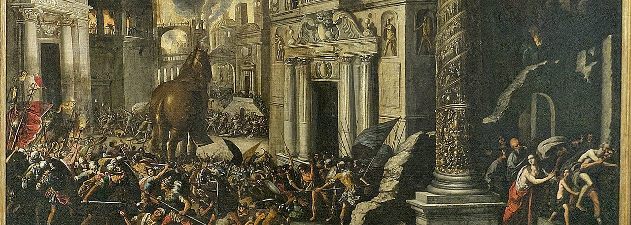 Na obrazie przedstawiony jest duży plac położony wśród antycznych budynków. Na placu znajduje się kłębowisko walczących ze sobą ludzi. Widzimy żołnierzy w zbrojach z tarczami i mieczami oraz przerażonych i uciekających ludzi. Na środku placu stoi duży drewniany koń. W tle dym i płomienie ognia.