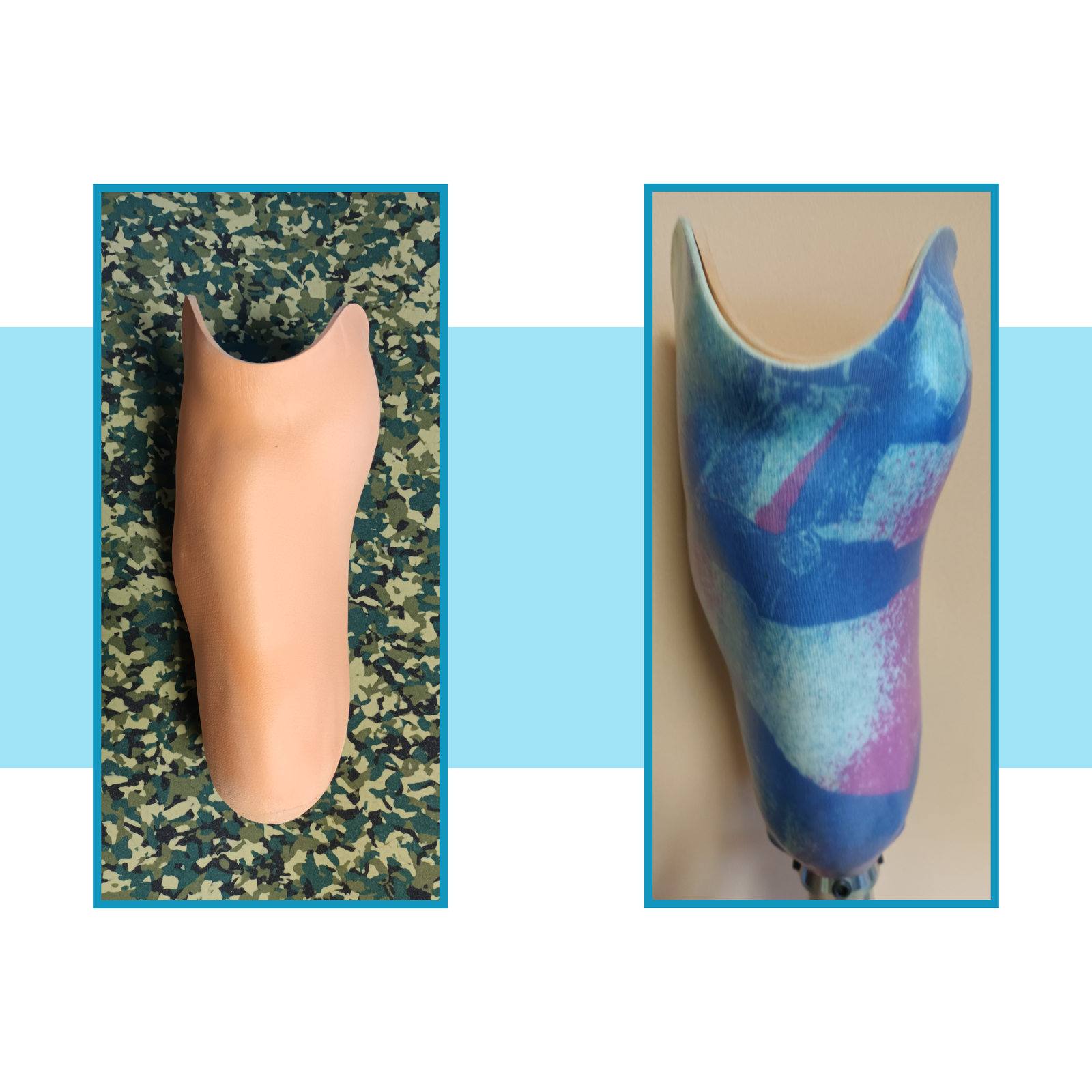 Zdjęcia wykonanego z twardego tworzywa leja zewnętrznego podudzia oraz wykonanego z miękkiego tworzywa wkładu do leja.