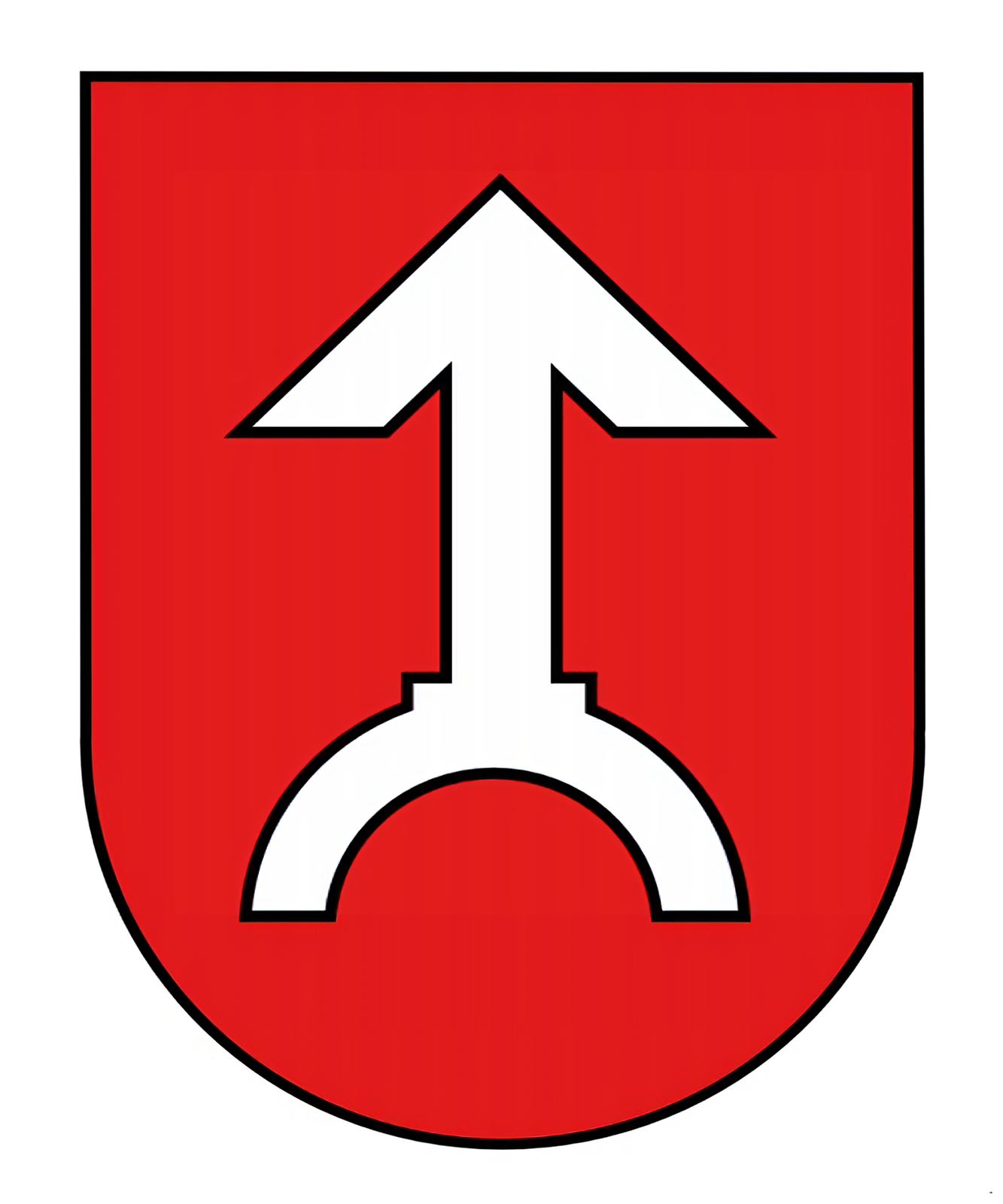 Ilustracja przedstawia czerwony herb na białym tle. W herbie widoczna jest biała strzałka skierowana w górę, która została oparta na półokręgu.