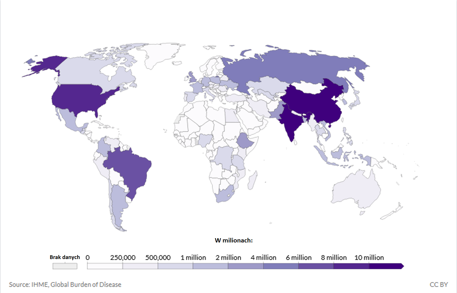 Ilustracja przedstawia mapę świata, na której różnymi odcieniami fioletu zostały zaznaczone państwa - im bardziej intensywny, tym większa liczba osób z problemami alkoholowymi. Kolor, określający największe uzależnienie (10 milionów) pojawia się w Chinach i Indiach. Należy mieć jednak na uwadze, że nie jest to w pełni wiarygodny wskaźnik z uwagi na wysoką populację tych państw. W związku z tym analiza takich danych liczbowych powinna być proporcjonalna do liczby ludności. Jaśniejszy kolor i 8 milionów pojawia się w Stanach Zjednoczonych, a następnie Brazylii. Kolejnym państwem jest Rosja. W Unii Europejskiej wskaźnik jest niższy i wynosi w przybliżeniu 2 miliony. 
