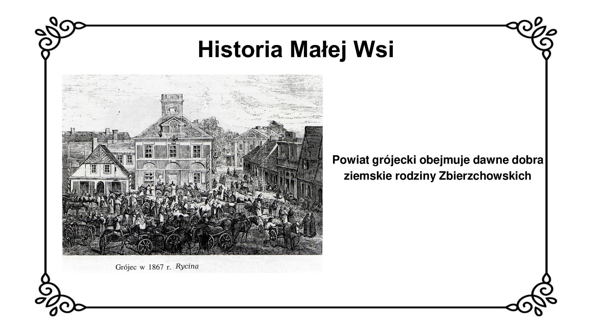 Ilustracja przedstawia XIX – grafikę z grójeckim ratuszem.   Tłum gromadzi się na placu miejskim. Wśród tłumu widoczne są konie zaprzęgnięte w drewniane, odkryte wozy. Ludzie zgromadzili się pod budynkiem ratusza miejskiego – dwupiętrowego budynku z trzema pionowymi liniami okien, na dachu niewielka attyka z lukarną i wieżą z balustradą. Po lewej stronie ilustracji dom parterowy ze strychem pod dwuspadowym dachem. Po prawej stronie ulica prowadząca w głąb dalszych zabudowań miasta. Na dalszym planie fragmenty domów z kominami i drzewa przy domach. 