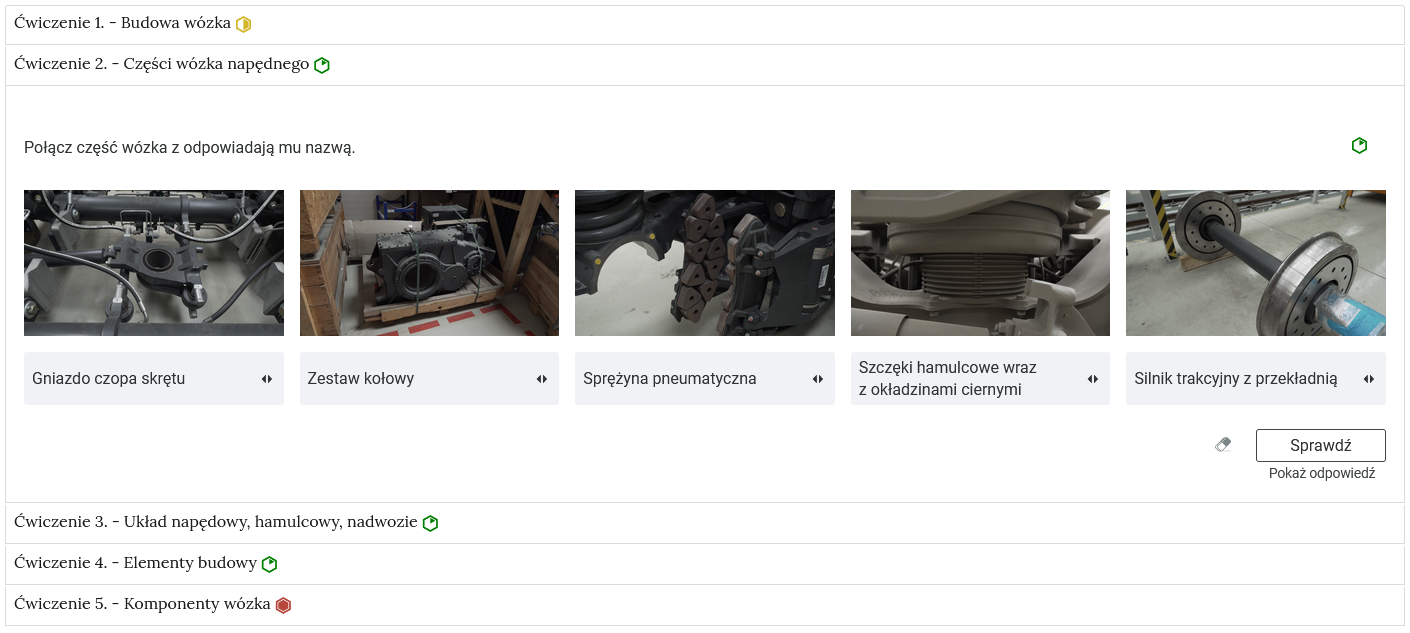 Zrzut ekranu pokazuje przykładowe zdjęcie ćwiczenia. Widoczne jest polecenie oraz pięć zdjęć, pod którymi znajdują się podpisy, które należy przyporządkować do zdjęć.