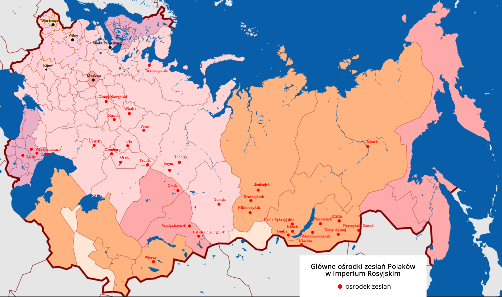 Ilustracja przedstawiająca mapę Imperium Rosyjskiego. Zaznaczono na niej główne ośrodki zesłań Polaków w Imperium Rosyjskim: Warszawa, Wilno, Kijów, Sankt Petersburg i Moskwa. Zaznaczono również ośrodki zesłań: Archangielsk, Niżnyj Nowogrod, Władykaukaz, Grozny, Tyflis, Wiatka, Kazań, Uralsk, Perm, Ufa, Orenburg, Orsk, Troick, Tobolsk, Iszym, Omsk, Wierny, Semipałatyńsk, Ust’ Kamienogorsk, Tomsk, Jenisejsk, Krasnojarsk, Niżnieudyńsk, Usole Syberyjskie, Irkuck, Tunka, Kiachta, Wierchnieudyńsk, Nerczyńsk, Nowy Akatuj, Czita, Nerczyński Zawod I Jakuck.