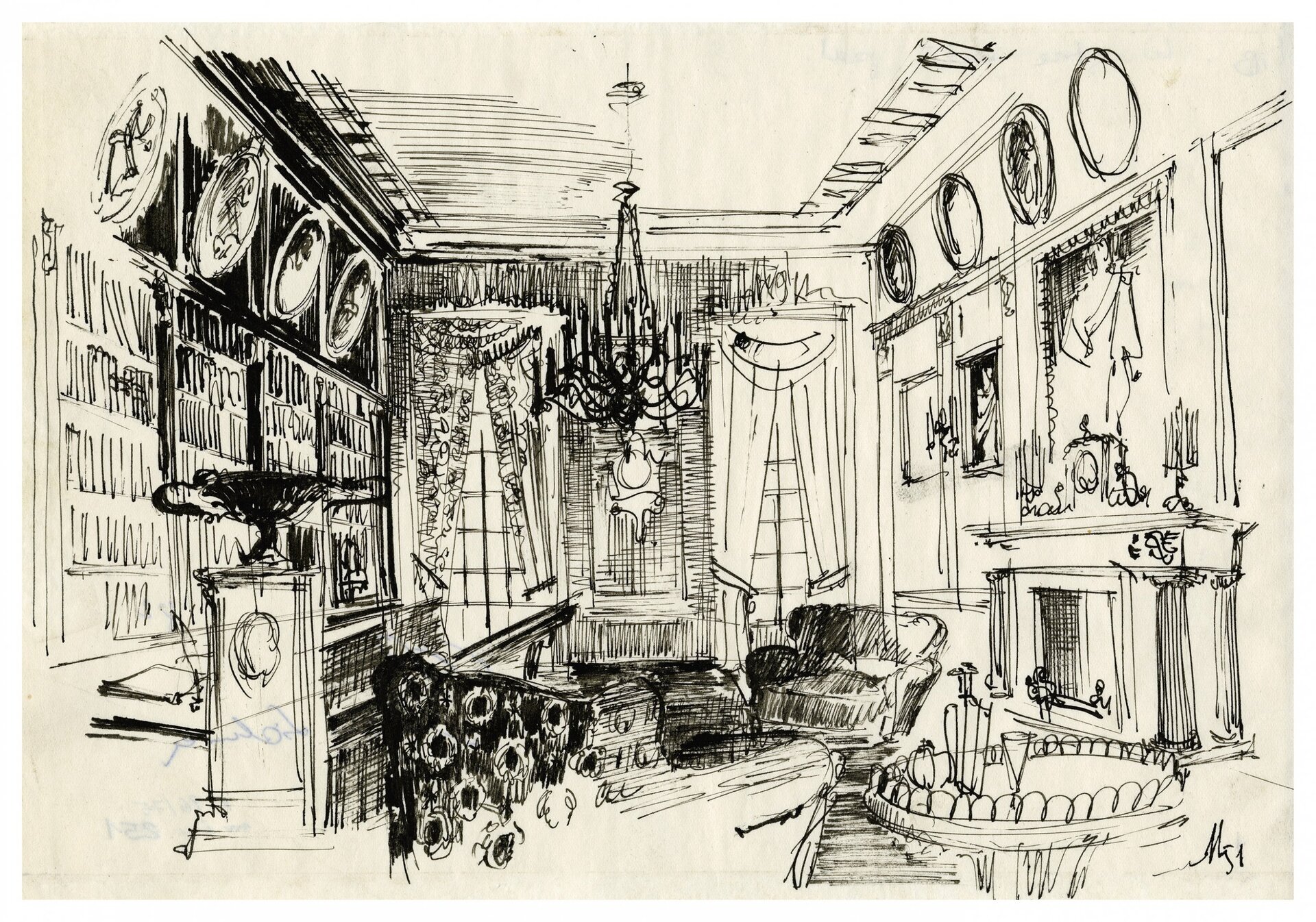 Szkic do projektu scenografii Romana Manna do filmu „Młodość Chopina” w reżyserii  Aleksandra Forda przedstawia pokój. Na środku pokoju stoją dwa fotele i dwa stoliki. Za nimi na ścianie znajdują się dwa wysokie okna ze szprosami. Na każdym oknie jest długa zasłona. Po lewej stronie ilustracji, znajdują się cztery regały z książkami. Nad regałami wiszą cztery obrazy w okrągłych ramach. Między fotelem a regałem stoi duża waza na podwyższeniu. Po prawej stronie ilustracji znajduje się stolik z karafką i dwoma kieliszkami oraz kominek. Na  półce nad kominkiem stoją świeczniki ze świeczkami, a nad nimi wisi duży obraz. Po lewej stronie kominka wiszą dwa prostokątne obrazy. Pod sufitem z prawej strony ilustracji znajdują się cztery obrazy w okrągłych ramach. Z sufitu zwisa duży żyrandol. Szkic wykonany jest czarnym narzędziem pisarskim na jasnym papierze.