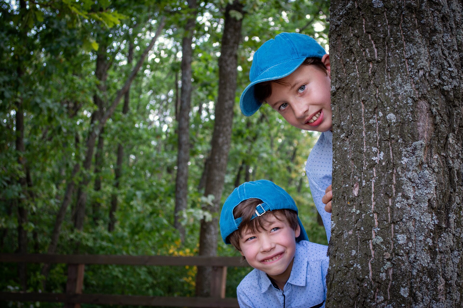 Ilustracja przedstawia dwóch chłopców chowających się za drzewem.
