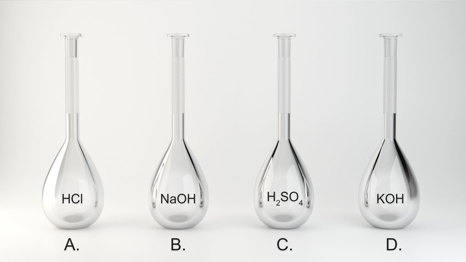 Na zdjęciu znajdują się 4 kolby z różnymi substancjami. Kolba A zawiera HCl. Kolba B zawiera NaOH. Kolba C zawiera                H                 2                       S       O                 4         . Kolba D zawiera KOH. 