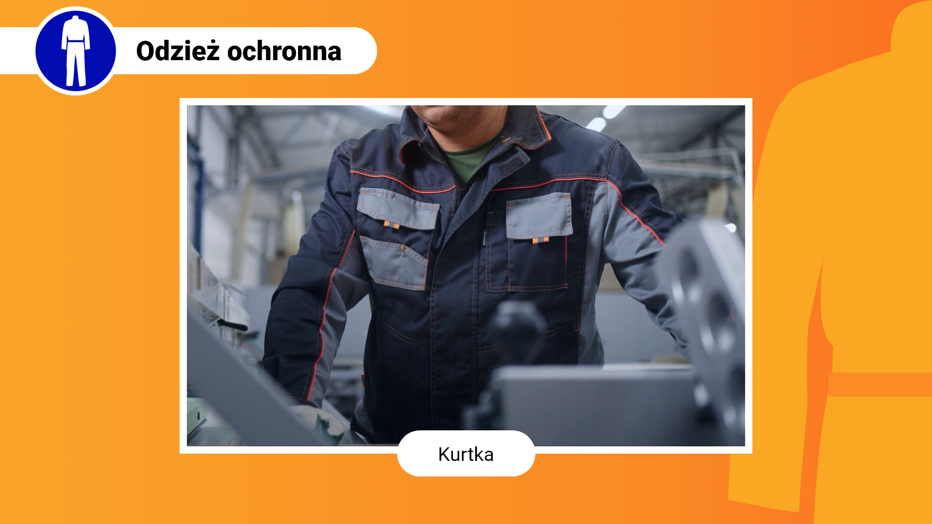 Zdjęcie w ramce z podpisem: kurtka. Przedstawia mężczyznę w granatowej kurtce ochronnej. Kurtka posiada kontrastowe paski oraz duże kieszenie.