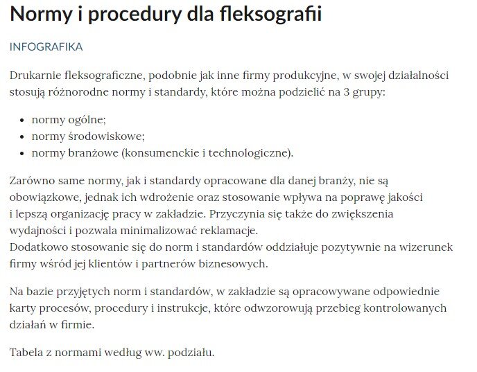 Grafika przedstawia treść wstępu infografiki zatytułowanej Normy i procedury dla fleksografii. 