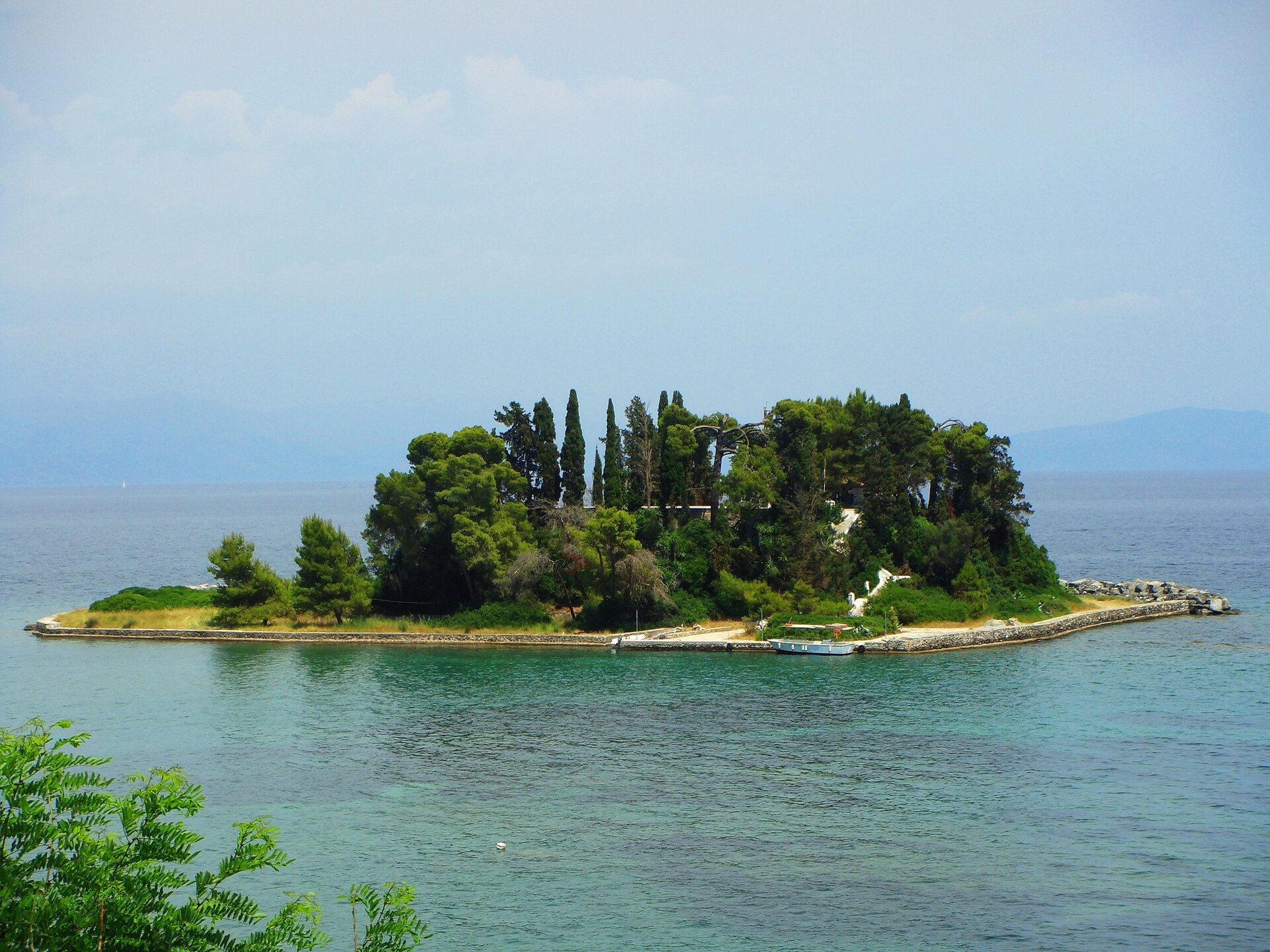 Ilustracja przedstawia porośniętą cyprysowym gajem wyspę.