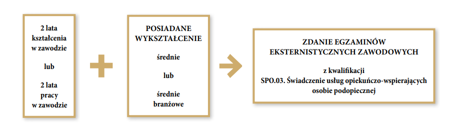 Grafika przedstawia ścieżkę możliwości kształcenia dla dorosłych w zawodzie opiekun w domu pomocy społecznej. Pierwszym krokiem do zawodu opiekuna w domu pomocy społecznej jest posiadanie dwóch lat kształcenia w zawodzie lub dwóch lat pracy w zawodzie. Drugim krokiem jest posiadanie wykształcenia średniego lub średniego branżowego. Ostatnim krokiem jest zdanie egzaminu eksternistycznego zawodowego z kwalifikacji S P O kropka zero trzy kropka Świadczenie usług opiekuńczo‑wspierających osobie podopiecznej. 