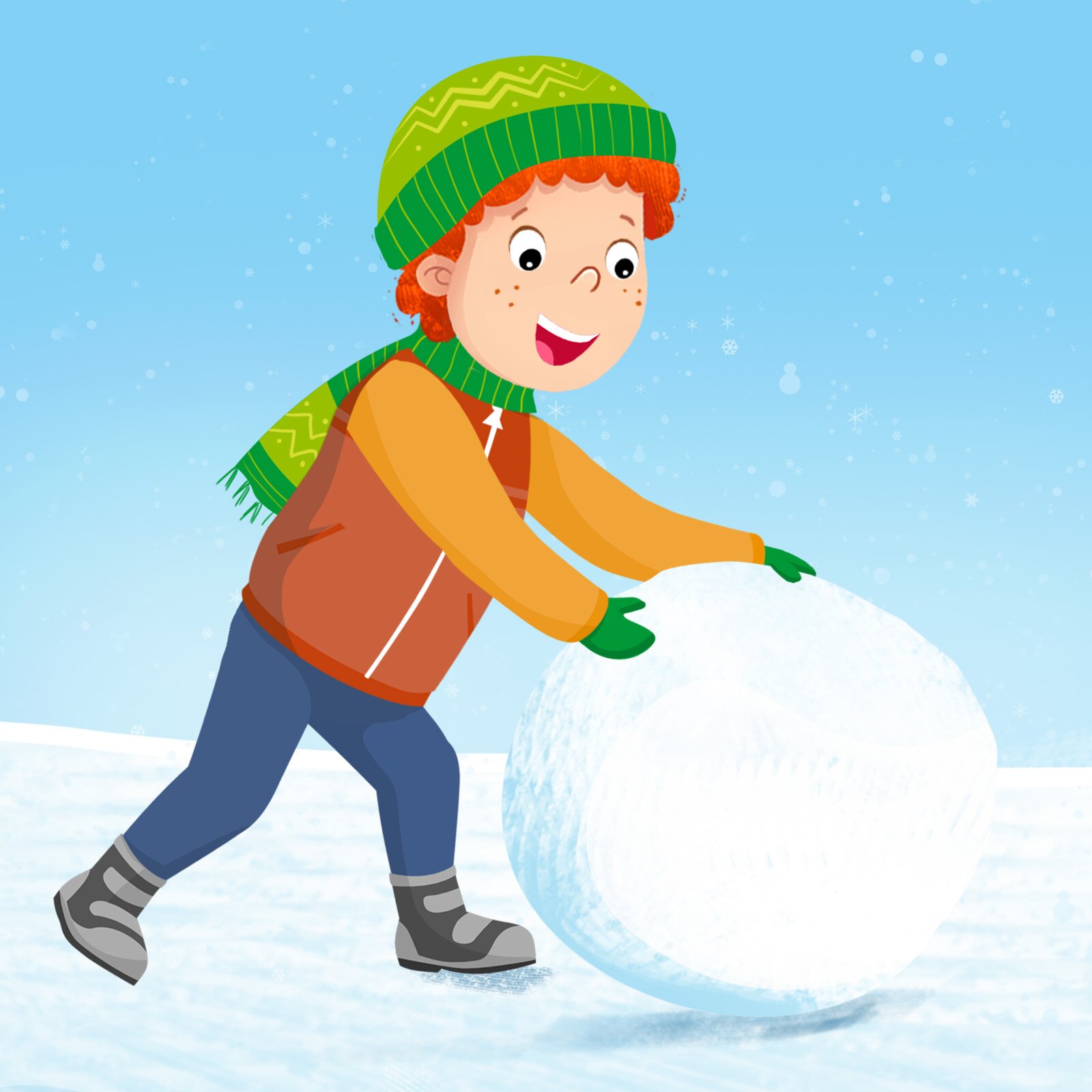 Ilustracja przedstawia chłopca toczącego śnieżną kulę na bałwana.