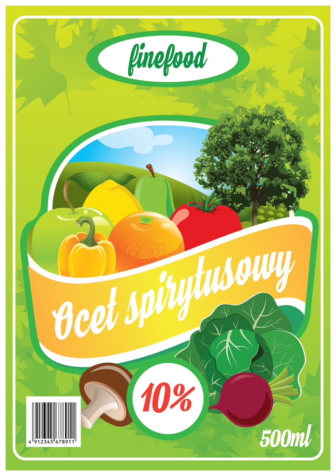 Grafika przedstawiająca etykietę octu spirytusowego. Grafika jest zielona. U góry znajduje się logo producenta. Centralną część grafiki zajmuje żółta wstążka z nazwą produktu oraz rysunki warzyw i owoców. Na dole grafiki znajduje się kod kreskowy i informacja o stężeniu roztworu i jego objętości.