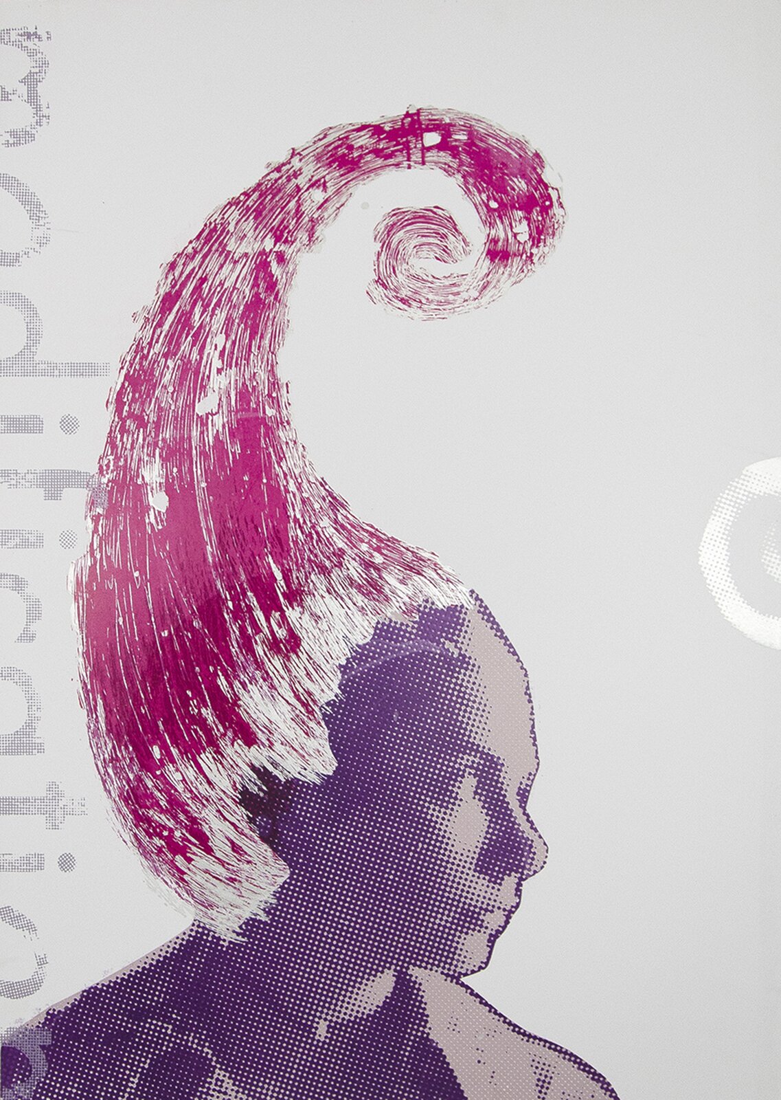 Ilustracja przedstawia obraz Agaty Dworzak‑Subocz „Portrait – pink”. Ukazuje głowę dziewczyny z profilu. Jest ona pozbawiona włosów, a zamiast nich ma różowe, uniesiony do góry, spiralnie zakręcony kształt z linii. Po lewej stronie zamieszczony jest obcięty napis.