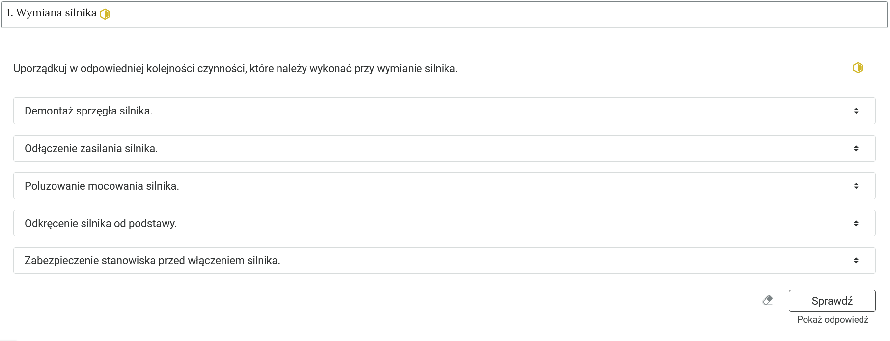 Grafika przedstawia przykładowy widok zadania. Pod poleceniem znajdują się w ramkach zdania, które należy ułożyć w odpowiedniej kolejności. Pod spodem uczeń może za pomocą przycisku "Sprawdź" zobaczyć, czy poprawnie rozwiązał ćwiczenie. Poniżej przycisku Sprawdź znajduje się podgląd właściwego rozwiązania. Jeśli uczeń zna, może kliknąć "Pokaż odpowiedź".