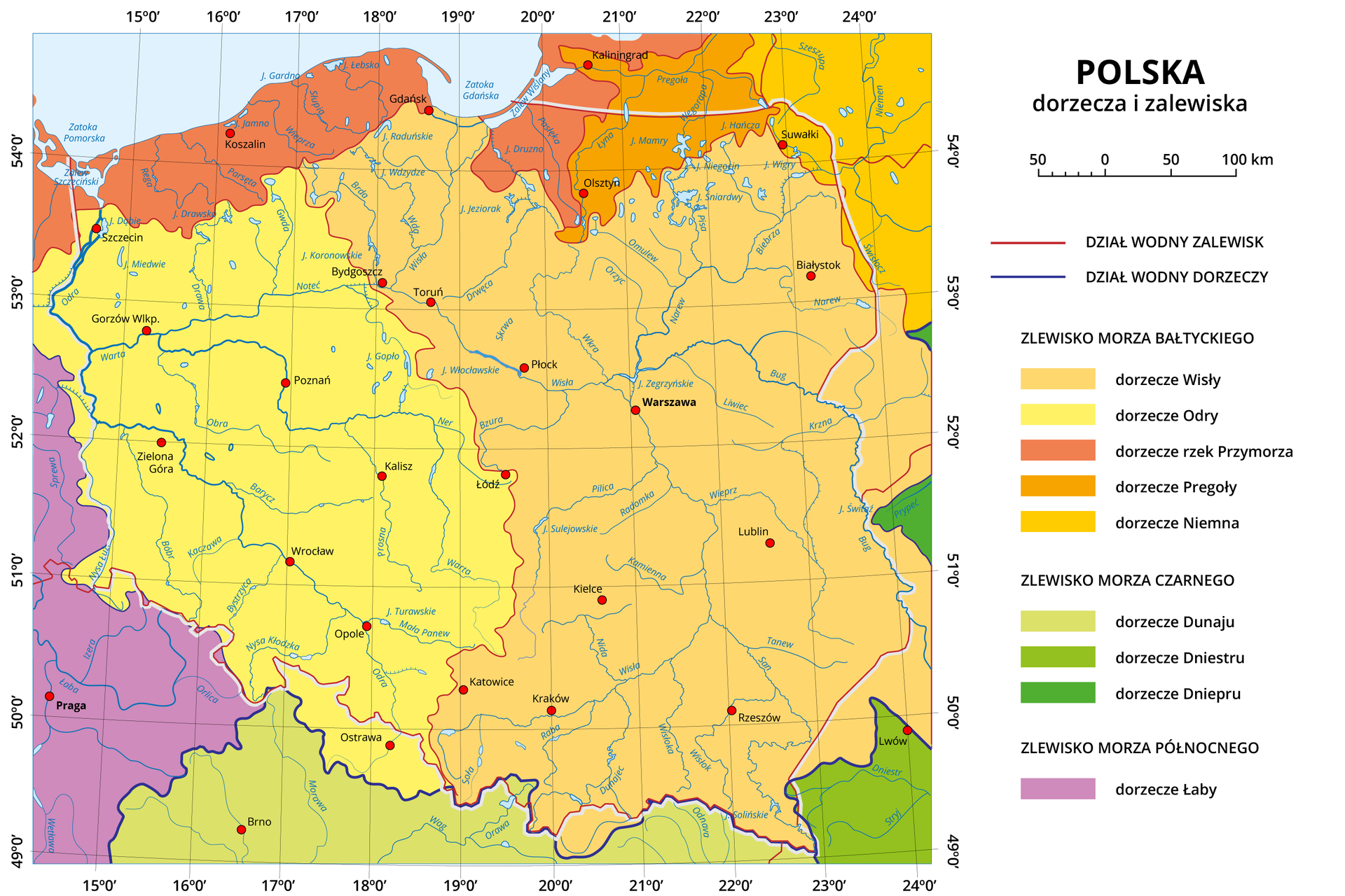 Mapa Polski z oznaczonymi na niej zlewiskami i dorzeczami. Do zlewiska Morza Bałtyckiego należy dorzecze Wisły, Odry, rzek przymorza, dorzecze Pregoły, Niemna. W skład zlewiska Morza Czarnego wchodzi dorzecze Dunaju, Dniestru, Dniepru. W skład zlewiska Morza czarnego wchodzi dorzecze Łaby. Działy wodne oznaczono czarnymi liniami. 