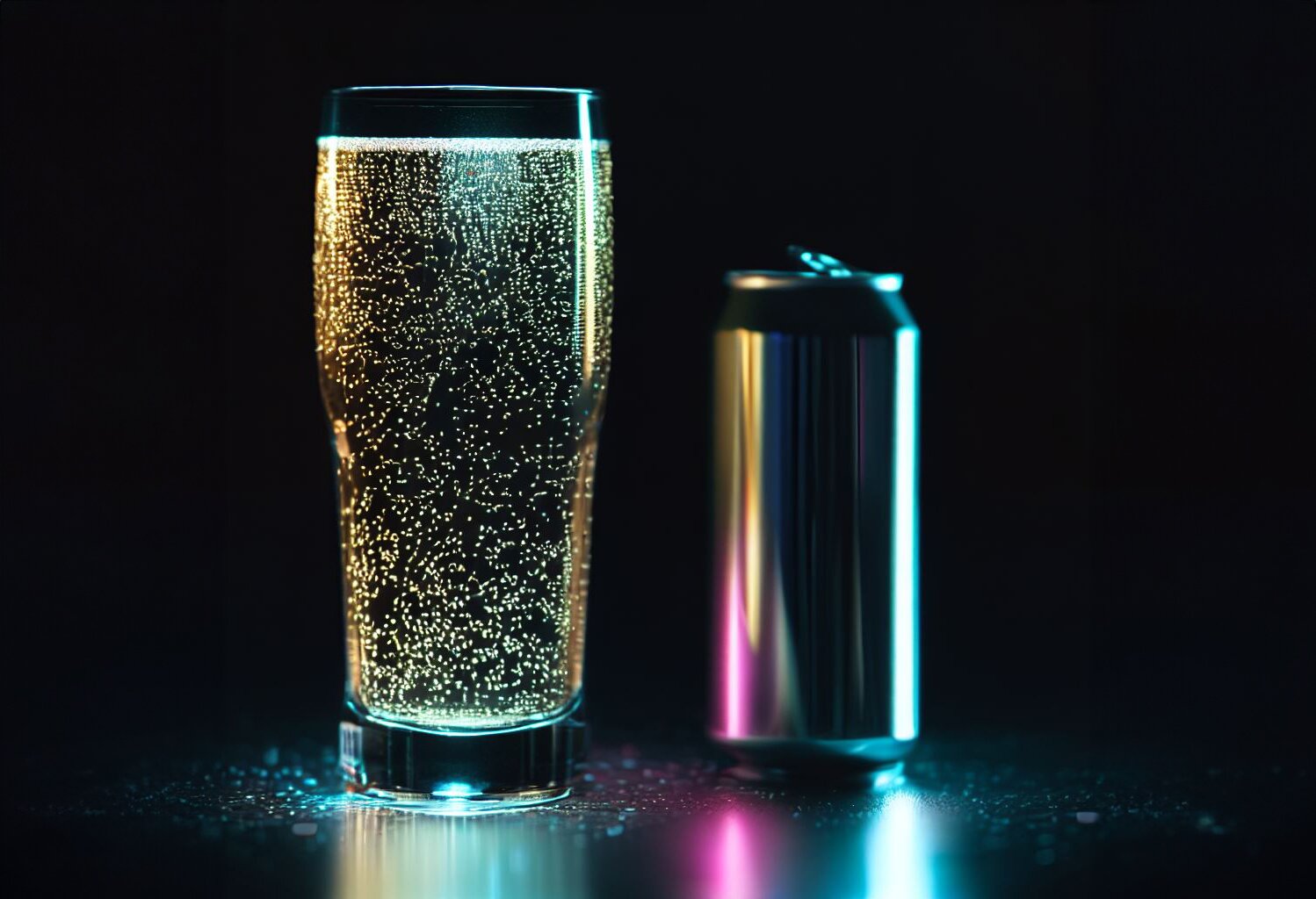 Fotografia przedstawia srebrną puszkę napoju energetycznego na czarnym tle i przeźroczystą szklankę wypełnioną napojem żółtą, gazowaną cieczą. 