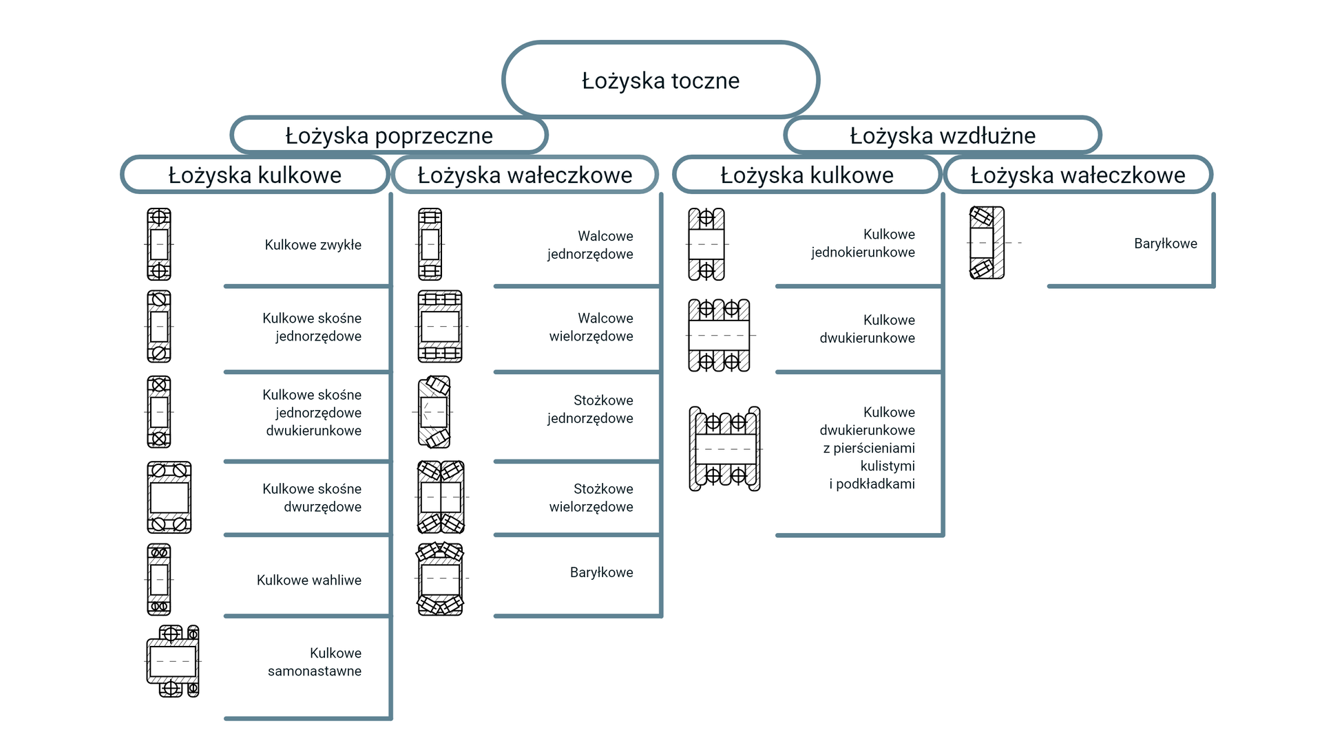 Na schemacie przedstawiony został podział łożysk tocznych. Łożyska toczne dzielą się na łożyska poprzeczne i łożyska wzdłużne. Łożyska poprzeczne dzielą się na łożyska kulkowe i łożyska wałeczkowe. Łożyska kulkowe mogą być: zwykłe, skośne jednorzędowe, skośne jednorzędowe dwukierunkowe, skośne dwurzędowe, wahliwe i samonastawne. Łożyska wałeczkowe mogą być: walcowe jednorzędowe, walcowe wielorzędowe, stożkowe jednorzędowe, stożkowe wielorzędowe i baryłkowe. Łożyska wzdłużne dzielą się na łożyska kulkowe i łożyska wałeczkowe. Łożyska kulkowe w tym podziale mogą być jednokierunkowe, dwukierunkowe, a także dwukierunkowe z pierścieniami kulistymi i podkładkami. W łożyskach wałeczkowych wyróżniamy baryłkowe.