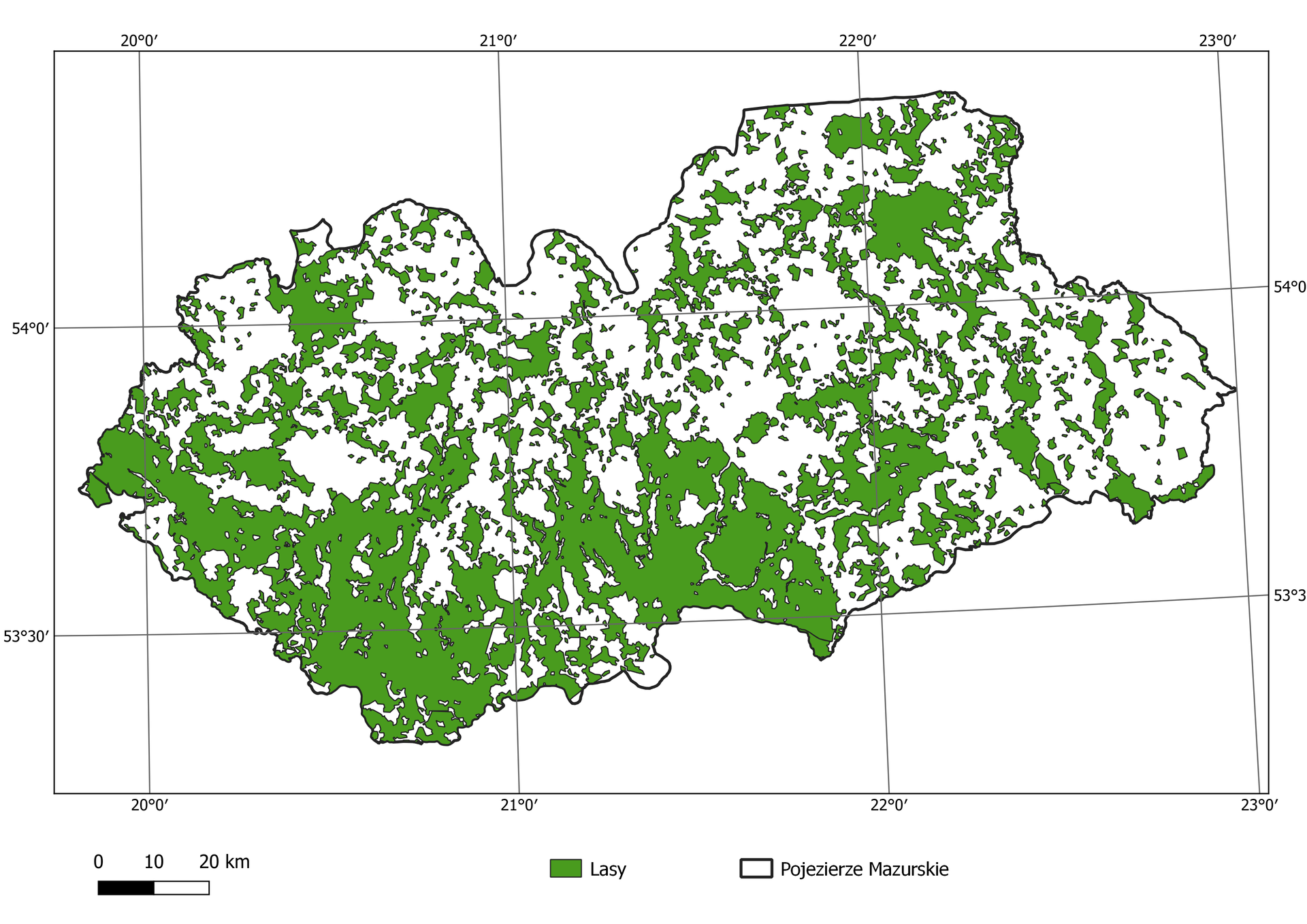 Mapa Pojezierza Mazurskiego przedstawiająca występujące na tym terenie lasy.