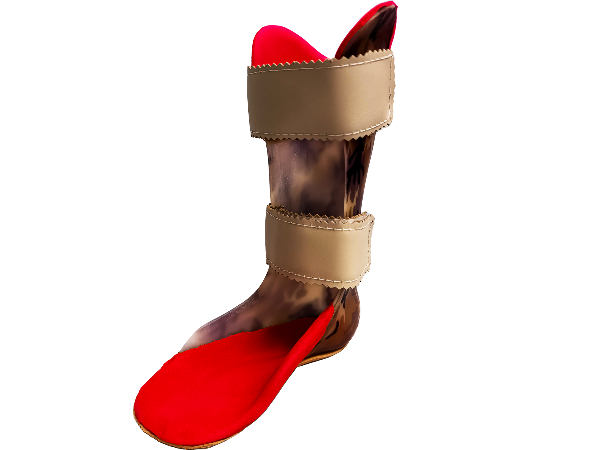 Zdjęcie ortezy DAFO. Wykonana z tworzywa orteza składa się z części podeszwowej oraz części obejmującej podudzie z boków na całej jego długości. 
