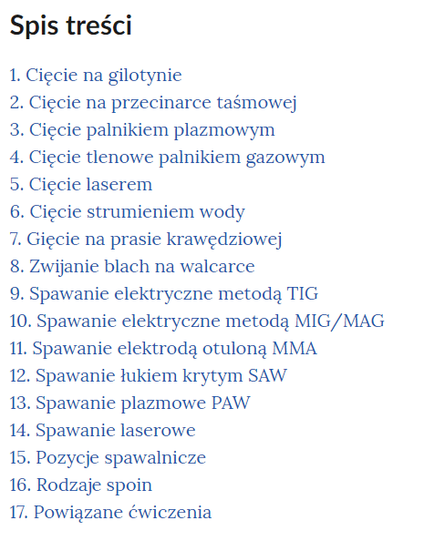 Grafika przedstawia wygląd spisu treści w galerii. Znajduje się w nim siedemnaście pozycji. Są to: 1. Cięcie na gilotynie
2. Cięcie na przecinarce taśmowej
3. Cięcie palnikiem plazmowym
4. Cięcie tlenowe palnikiem gazowym
5. Cięcie laserem
6. Cięcie strumieniem wody
7. Gięcie na prasie krawędziowej
8. Zwijanie blach na walcarce
9. Spawanie elektryczne metodą TIG
10. Spawanie elektryczne metodą MIG/MAG
11. Spawanie elektrodą otuloną MMA
12. Spawanie łukiem krytym SAW
13. Spawanie plazmowe PAW
14. Spawanie laserowe
15. Pozycje spawalnicze
16. Rodzaje spoin
17. Powiązane ćwiczenia