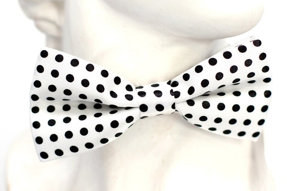 Fotografia przedstawiająca białą muchę w czarne kropki zawiązaną na szyi manekina. 