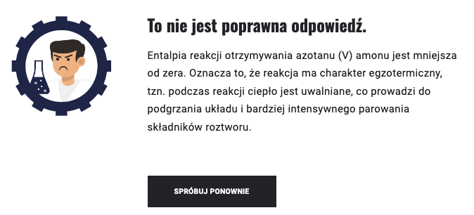 Ilustracja przedstawia treść informacji negatywnej, wyświetlanej po wprowadzeniu niepoprawnej odpowiedzi w grze edukacyjnej. 