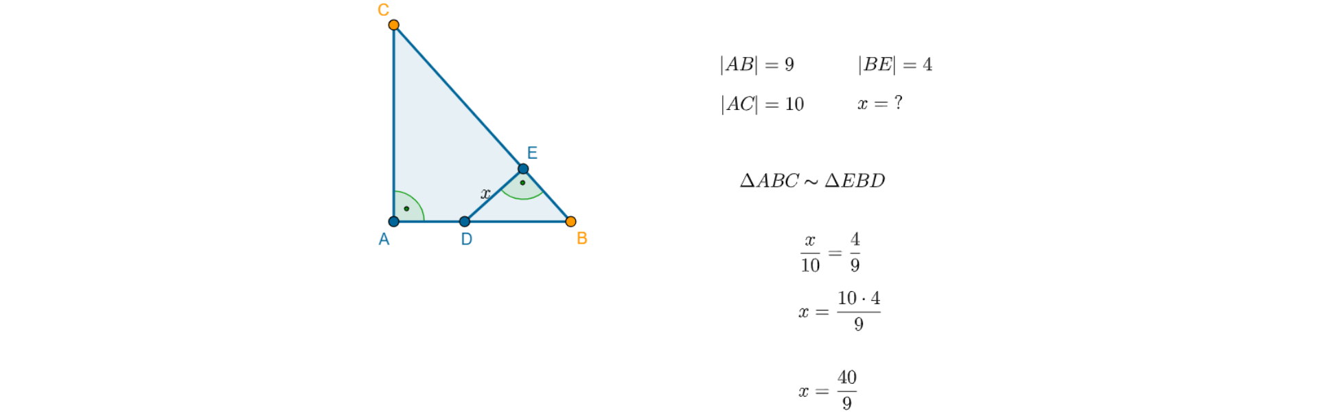 Na rysunku przedstawiony jest trójkąt prostokątny ABC oraz trójkąt prostokątny DBE. Wierzchołkami kątów prostych są punkty A oraz E. Punkt E leży na boku BC, a punkt D na boku AB. Trójkąty ABC i DBE są trójkątami podobnymi. Odcinek DE oznaczony jest literą x. Z prawej strony rysunku zapisane są następujące zależności: długość odcinka AB równa się dziewięć, długość odcinka AC równa się sześć, długość odcinka BE równa się cztery oraz długość x równa się znak zapytania. Poruszając lewym górnym wierzchołkiem C trójkąta ABC, otrzymaliśmy trójkąty prostokątne o innych wymiarach. Po prawej stronie znajdują się obliczenia. Długość boku AB równa się dziewięć, długość boku AC równa się dziesięć, długość boku BC równa się cztery, x równa się znak zapytania. Trójkąt ABC jest podobny do trójkąta EBD. Następny wiersz: ułamek, w liczniku x, w mianowniku dziesięć równa się ułamek w liczniku cztery, w mianowniku dziewięć. Kolejny wiersz: x równa się ułamek, w liczniku dziesięć pomnożone przez cztery, w mianowniku dziewięć. Ostatni wiersz: x równa się ułamek w liczniku czterdzieści, w mianowniku dziewięć.