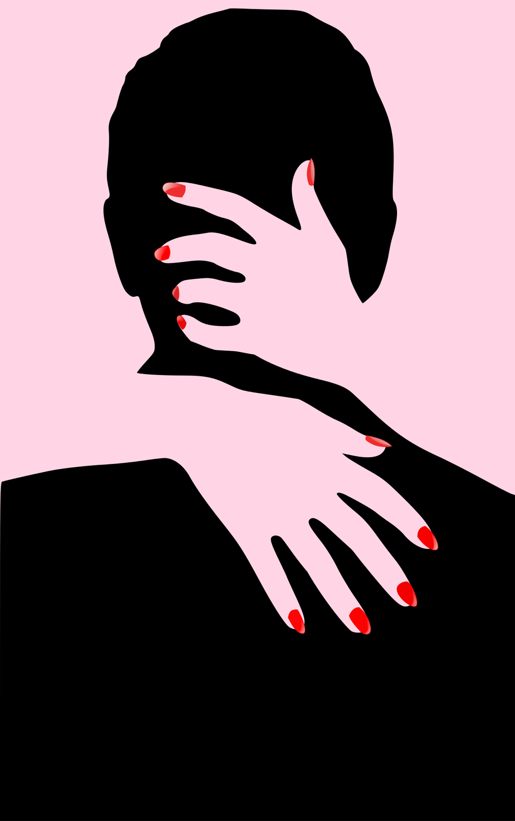 Grafika przedstawia czarny zarys głowy mężczyzny ukazanej od tyłu. Jego głowa obejmowana jest przez kobiecą dłoń. Prawa ręka kobiety oparta jest na plecach mężczyzny. Lewa ręka oparta jest na karku i głowie. Paznokcie kobiety są pomalowane na czerwono. Tło grafiki jest różowe. 
