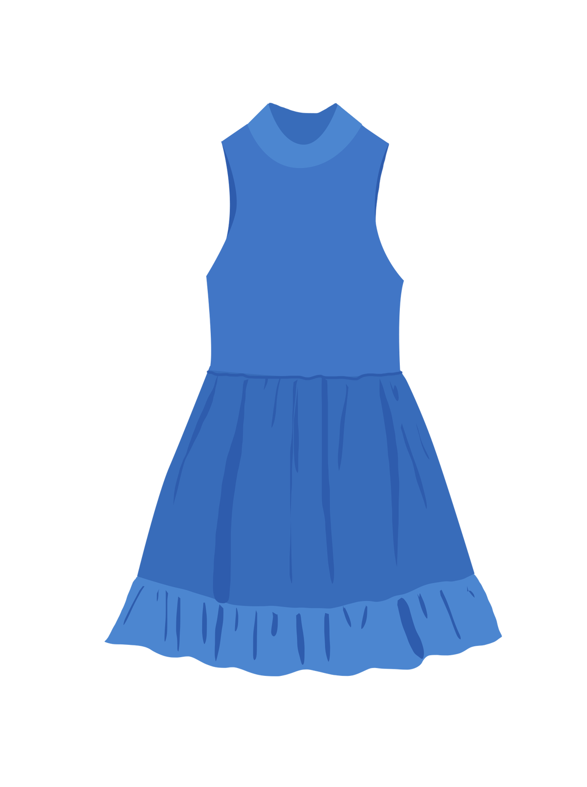 Ilustracja przedstawia granatową sukieneczkę bez rękawów z falbaną u dołu.