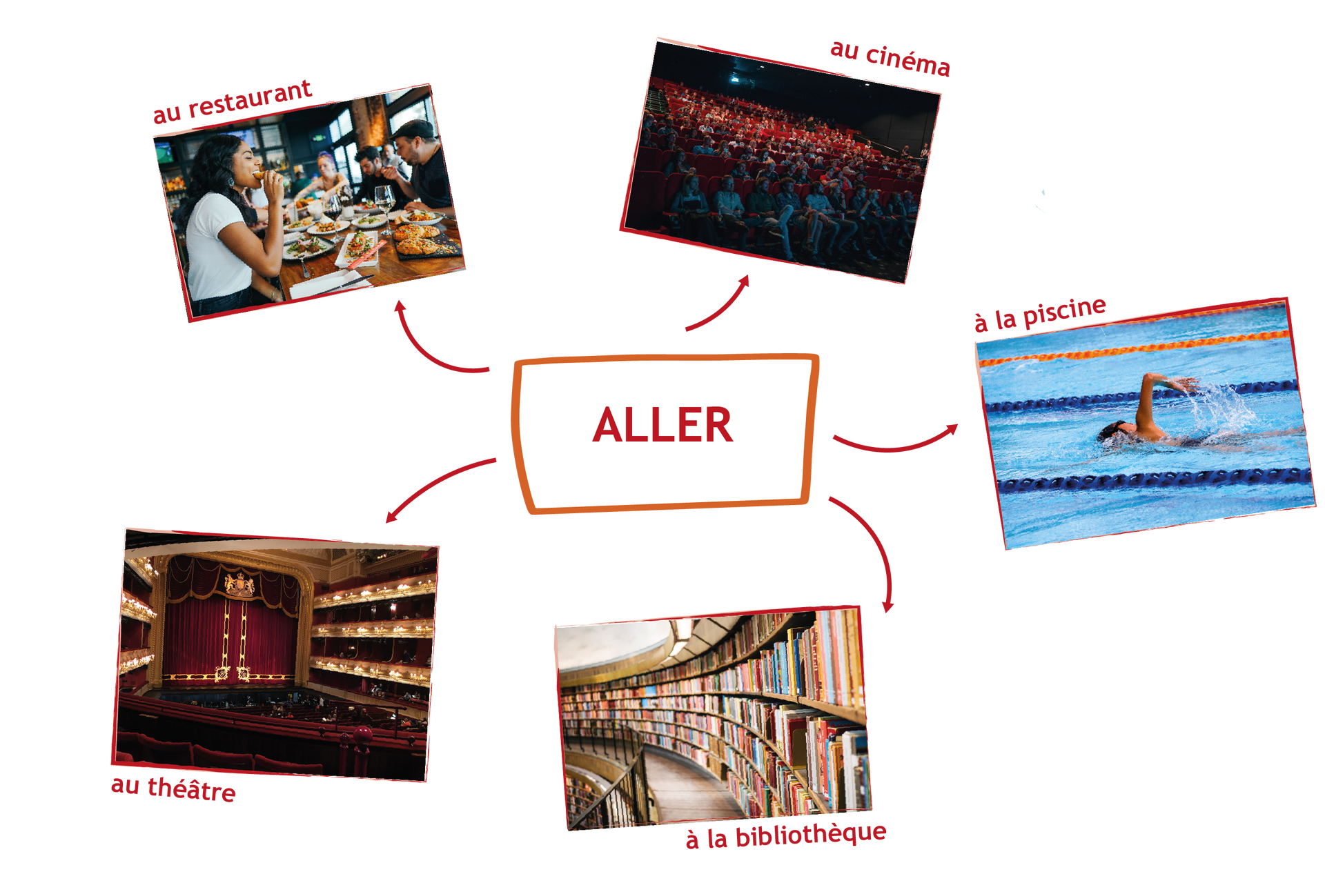 Ilustracja przedstawia diagram ze słowem ALLER w centrum i pięcioma strzałkami odchodzącymi do zdjęć z podpisami: restauracja - au restaurant; kino - au cinéma; basen - à la piscine; biblioteka - à la bibliothèque; teatr - au théâtre.