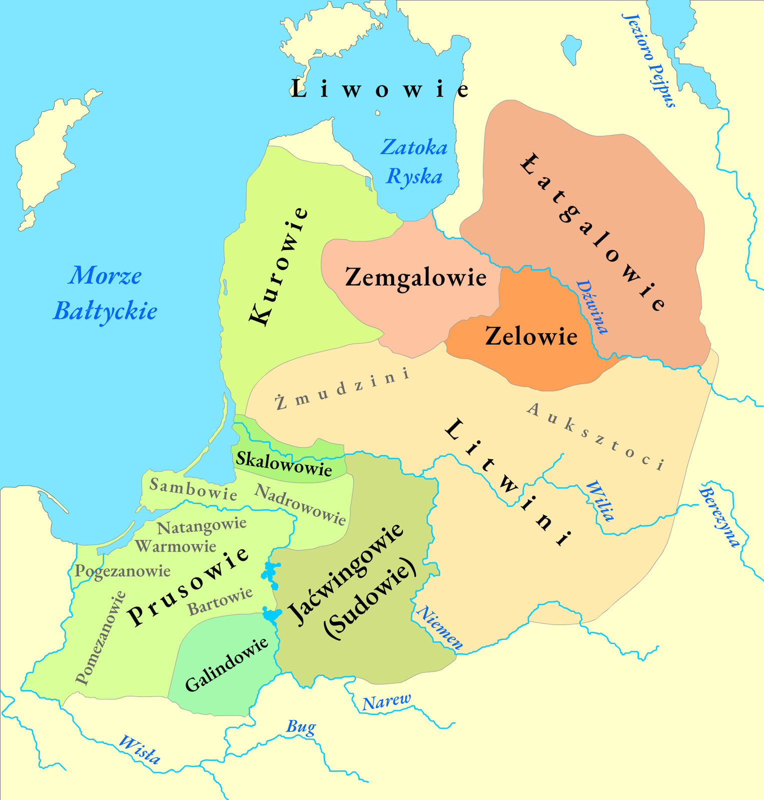 Mapa przedstawia wybrzeże Bałtyku obejmujące obszar od obszaru dzisiejszej Estonii na północy do ujścia Wisły na zachodzie. Terytoria te w średniowieczu zamieszkiwane były przez ludy należące do grupy Bałtów. W jej skład wchodziły zaznaczone na mapie (idąc w kierunku od zachodu na wschód). Prusowie na wschód od Wisły, na południe od nich, na pograniczu z Mazowszem - Galindowie i Jaćwingowie (inaczej Sudowie). Na wschód od Jaćwingów, na obszarze dzisiejszej Litwy zamieszkiwali Litwini, którzy od wschodu graniczyli z Zelami i Łatgalami, od północy z Zemgalami, a od wschodu z Kurami i Skalowami. 