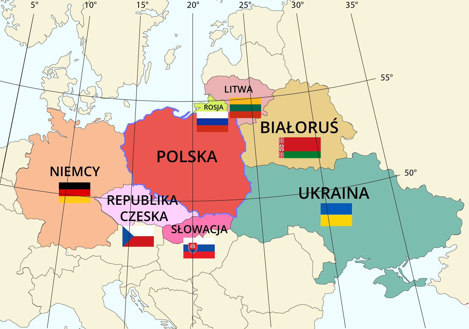 Mapa, na której oznaczono Polskę oraz graniczące z nią kraje - zaczynając od północnego wschodu: Rosja, Litwa, na wschodzie Białoruś i Ukraina, Słowacja i Czechy na południu, Niemcy na zachodzie.