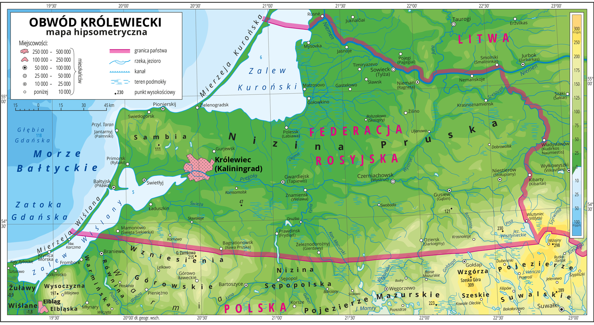 Ilustracja przedstawia mapę hipsometryczną obwodu królewieckiego. Na terenie obwodu królewieckiego znajduje się Nizina Pruska. W obrębie lądów występują obszary w kolorze zielonym na północy i żółtym na południu. W lewym górnym rogu mapy Morze Bałtyckie, Zatoka Gdańska, Zalew Wiślany i Zalew Kuroński zaznaczono kolorem niebieskim i opisano. Nad nimi, w samym lewym górnym rogu znajduje się legenda mapy z oznaczeniami miejscowości zależnie od ich wielkości (od pustego kółka, które oznacza miasto poniżej 10 tysięcy mieszkańców do różowej, nieregularnej bryły dla miejscowości od 250 do 500 tysięcy mieszkańców), oznaczeniem granicy państwa, rzek i jezior, kanału, terenu podmokłego i punktu wysokościowego. Na mapie opisano nazwy mierzei i wzgórz, wzniesień, nizin, pojezierzy, jezior i rzek. Oznaczono i opisano główne miasta. Największym jest Królewiec oznaczony sygnaturą w kształcie nieregularnej różowej bryły. Oznaczono czarnymi kropkami i opisano punkty wysokościowe. Różową wstążką przedstawiono granice państw. Kolorem czerwonym opisano państwa sąsiadujące z obwodem królewieckim (to Litwa i Polska). Mapa pokryta jest równoleżnikami i południkami. Dookoła mapy w białej ramce opisano południki i równoleżniki co pół stopnia. 