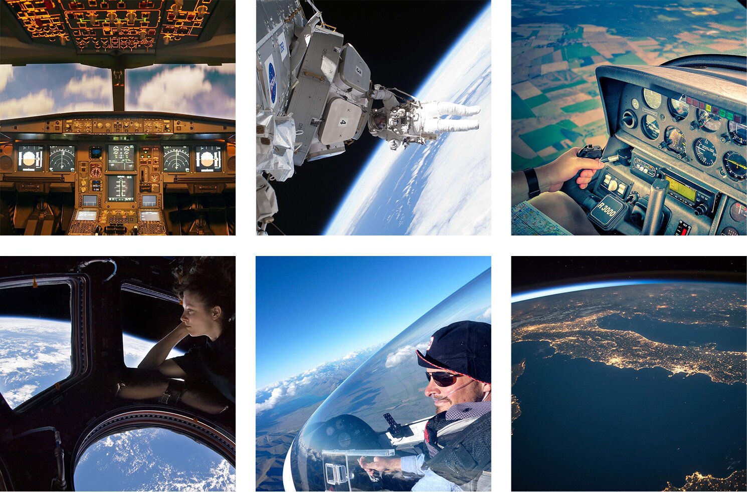 Ilustracja składa się z sześciu zdjęć zestawionych ze sobą w dwóch rzędach. Każde zdjęcie ukazuje perspektywę przez okna samolotu lub statku kosmicznego. Na pierwszym zdjęciu u góry od lewej widoczny jest rozbudowany kokpit z podświetlonymi tarczami, przyciskami i wskazówkami. U góry widoczna jest podświetlona sieć różnych połączeń. Przez okno widoczne jest niebieskie niebo z białymi chmurami. Na zdjęciu w środku widoczny jest kosmonauta w przestrzeni kosmicznej, będący na zewnątrz statku kosmicznego i trzymający się cylindrycznej wypustki statku. Za nim widoczny jest fragment ziemi widzianej z kosmosu. Na trzecim zdjęciu widoczny jest kokpit samolotu oraz lewa dłoń trzymająca drążek sterniczy. W tle przez okno widać zielone i jasnobrązowe pola. Na pierwszym zdjęciu od lewej u dołu widoczny jest po prawej stronie fragment młodej kobiety będącej wewnątrz kapsuły statku i opierającej się na oknie. Kobieta zwrócona jest w lewo i spogląda przez okno na ziemię widoczną z kosmosu. Na zdjęciu w środku widoczny jest mężczyzna siedzący za sterami w przeszklonej kabinie samolotu.  W tle widoczne łańcuchy góry, niebo i chmury kładące się na szczytach. Na zdjęciu po prawej stronie widoczne jest zbliżenie na fragment kuli ziemskiej z kosmosu z zarysem Półwyspu Apenińskiego oświetlonego punktowo przez światła miast. 