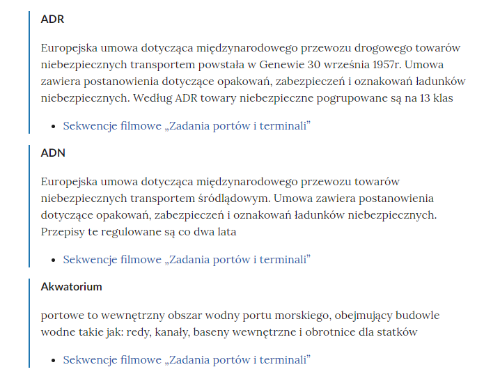 Zrzut ekranu przedstawia kilka pojęć ze Słownika. Konstrukcja jest następująca: pojęcie, poniżej jego wyjaśnienie, a pod nim znajduje się link, po którego kliknięciu użytkownik przenosi się do rozdziału w tym materiale, w którym dane pojęcie jest wykorzystywane. Linków może być jeden lub kilka, w zależności od tego, w ilu rozdziałach użyto pojęcia.