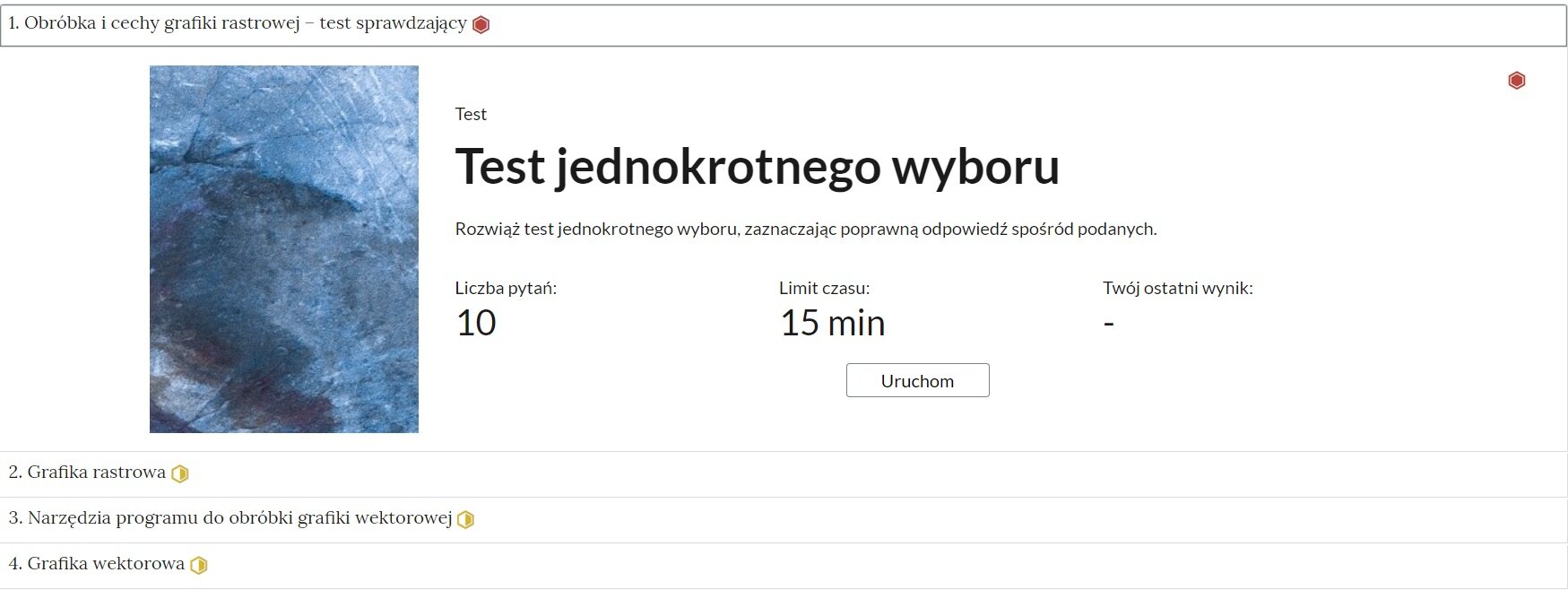 Grafika przedstawia widok pojedynczego zadania z interaktywnego materiału sprawdzającego, na prawo od nazwy zadania widnieje ikonka informująca o poziomie trudności zadania.