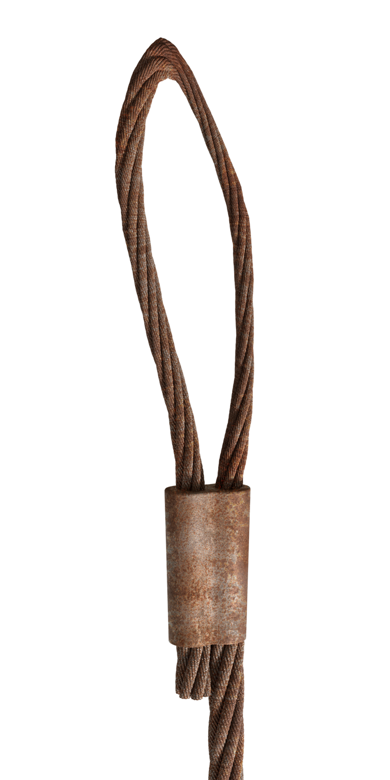 Na zdjęciu przedstawione jest skorodowane zawiesie linowe. Podstawą zawiesia jest stalowa lina. Splotki liny nachodzą na siebie tworząc strukturę zbliżoną do warkocza. Na dole lina, zakręca tworząc pętle. Końcówka liny po obu stronach jest spięta z główną części liny w okolicach początku pętli, stalową obejmą. Obejma jest zbliżona kształtem do cyfry osiem. Pętla jest zbliżona kształtem do zdeformowanego cylindra. Całość stalowej liny pokryta jest rdzą.