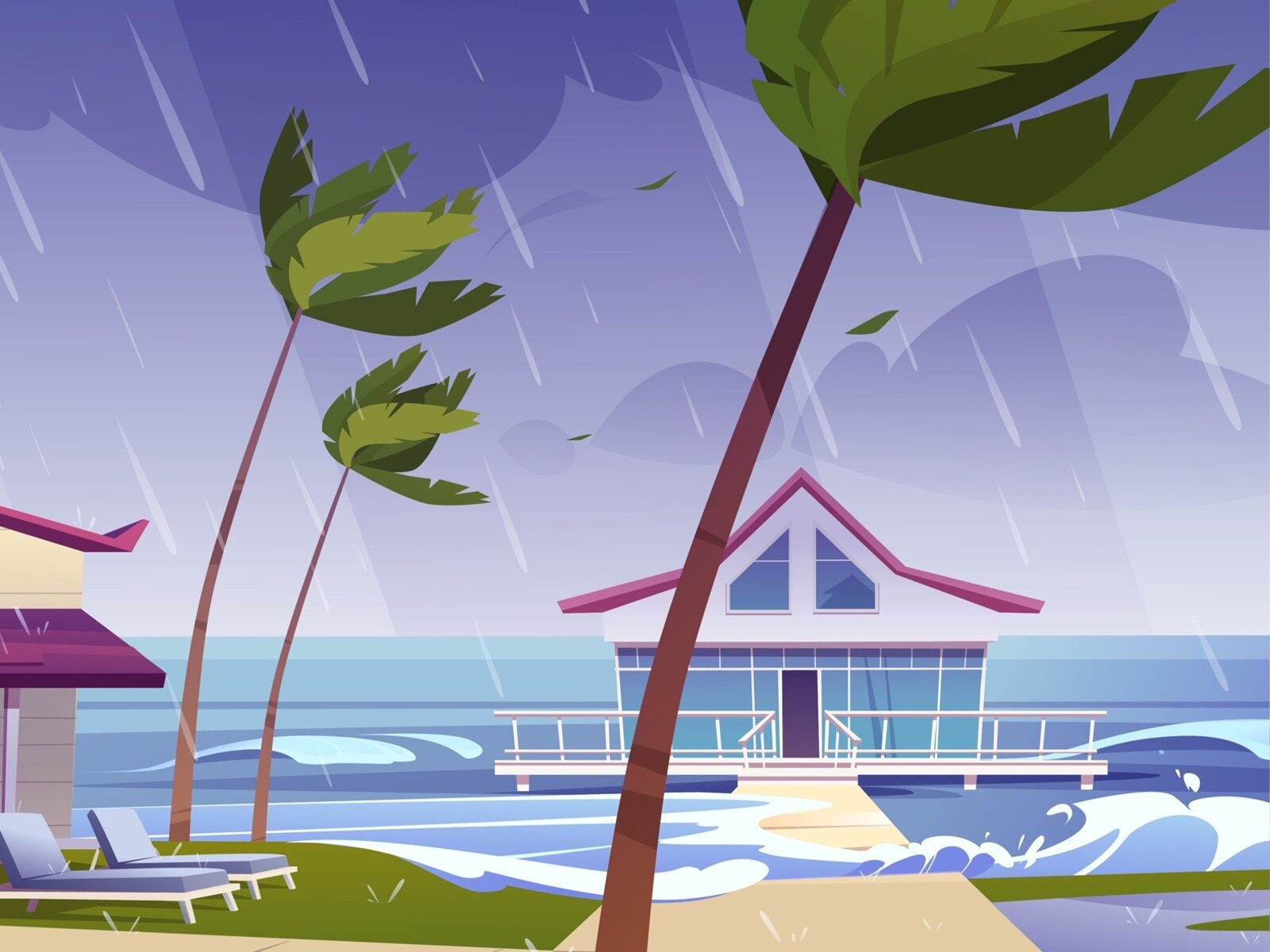 Rysunek przedstawia dwa domy położone przy plaży, wokół których hula sztorm. Jeden z domów jest zbudowany na balach. Pomost, który do niego prowadzi jest częściowo zalany przez wodę. Na rysunku znajdują się także trzy smagane wiatrem palmy. Nad domami wiszą ciemne chmury i pada deszcz. 