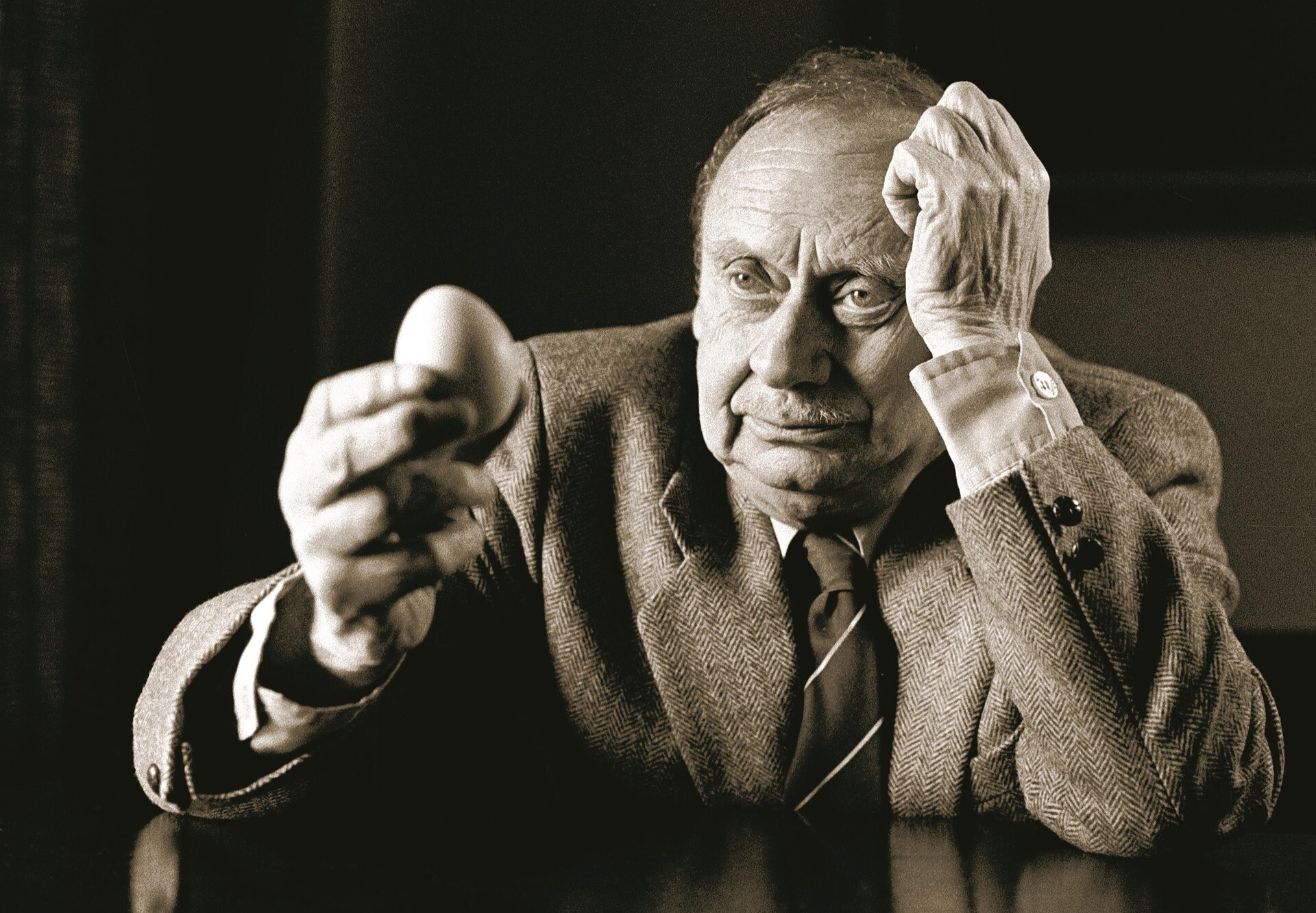 Na zdjęciu na czarnym tle znajduje się siedzący, starszy mężczyzna, który lewą ręką jest podparty o czarny stół. Zaciśniętą, lewą dłoń ma podpartą o czoło z jego lewej strony. Na wprost głowy w prawej dłoni, trzyma jajko. Postać ma zamyśloną minę. Ma na sobie szarą marynarkę pod którą, znajduje się jaśniejsza koszula oraz czarny krawat z dwoma białymi paskami. 