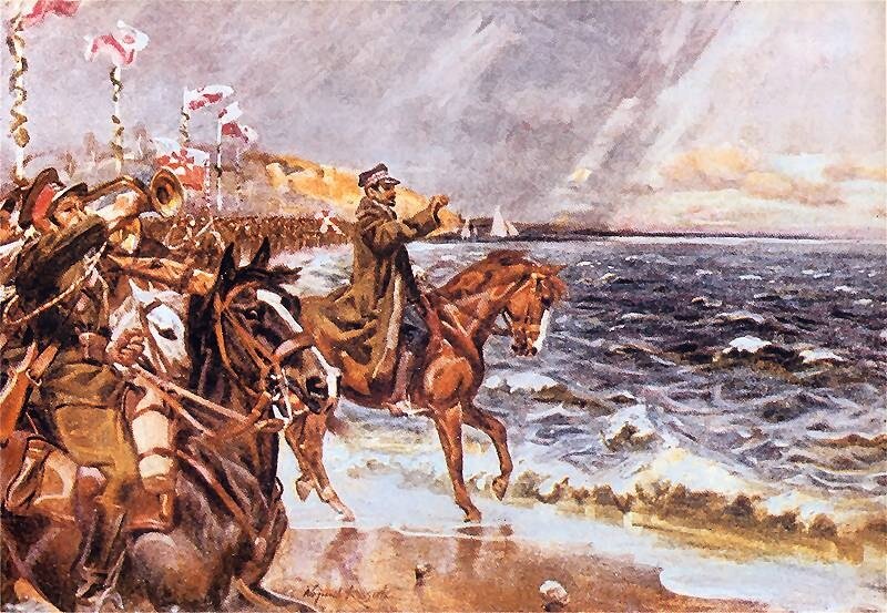 Ilustracja przedstawia wojsko na stojące nad brzegiem morza. Wzdłuż lini morza stoją  na koniach zbrojni żołnierze. W rękach trzymają proporce oraz flagi polskie. Na pierwszym planie widać żołnierza na koniu który jest na przedzie, z tyłu widać żołnierza również na koniu który gra na trąbce. Z przodu przed żołnierzami widać wzburzone morze, które rozciąga się po widnokrąg.