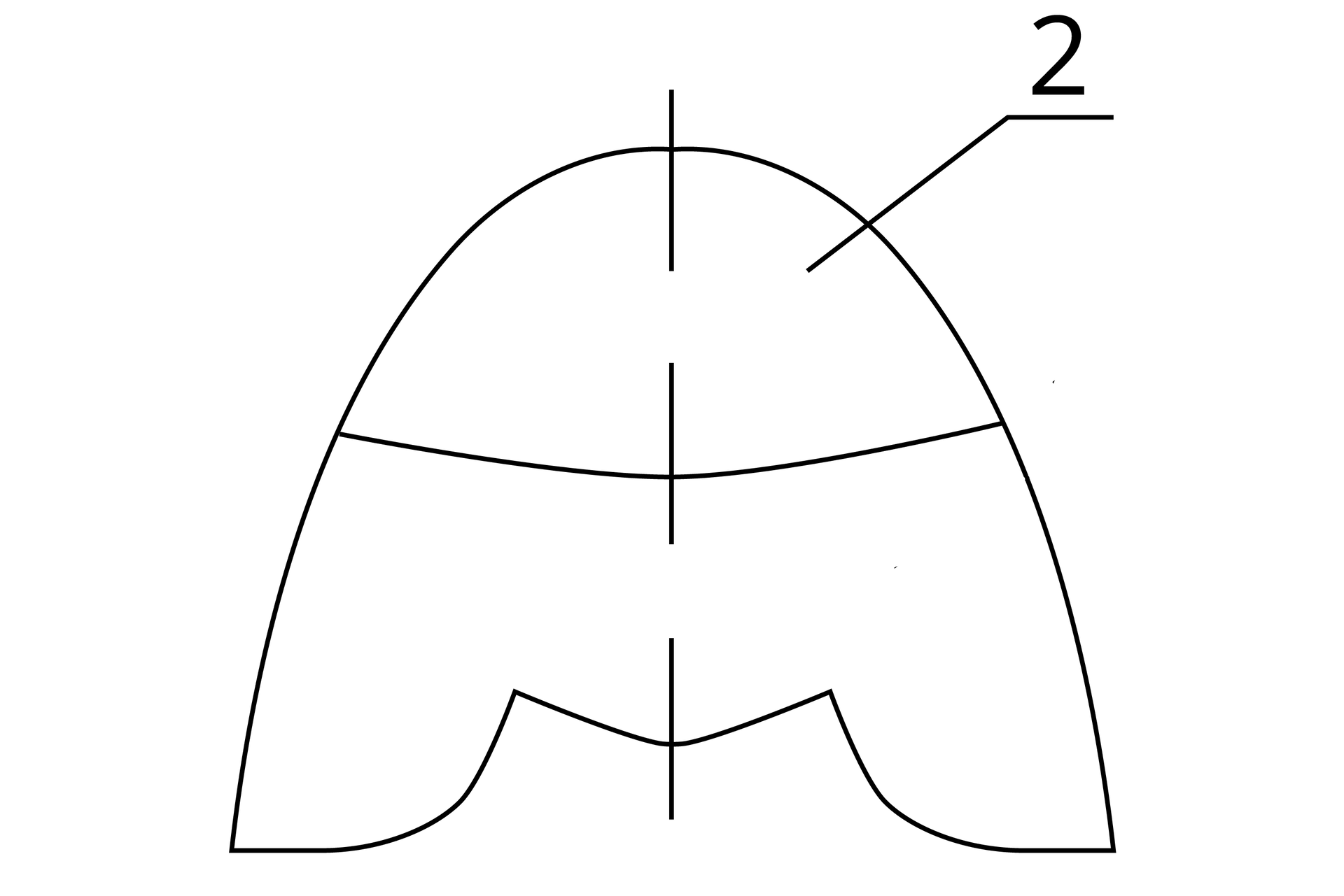 Grafika przedstawia schemat przyszwy. Jest to półokrągły kształt, u podstawy nie tworzący linii prostej, ale lekko zagięty. Schemat jest podzielony na cztery części: wzdłuż linią przerywaną i w poprzek linią ciągłą. Od prawej dolnej części odchodzi strzałka oznaczona numerem jeden, od prawej górnej odchodzi strzałka oznaczona numerem dwa.