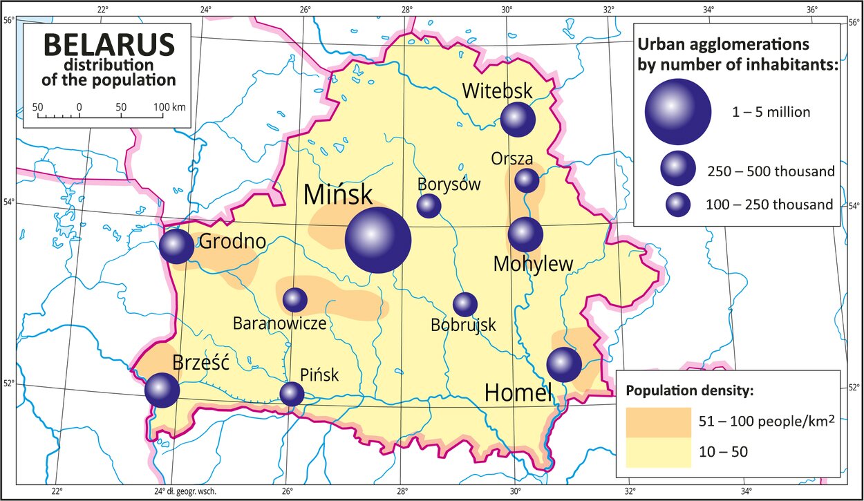 Ilustracja przedstawia mapę Białorusi. Na mapie przedstawiono rozmieszczenie ludności. Na mapie oznaczono gęstość zaludnienia od dziesięciu do pięćdziesięciu osób na jeden kilometr kwadratowy. W pobliżu miast oznaczono obszary o gęstości zaludnienia od pięćdziesięciu jeden do stu osób na jeden kilometr kwadratowy. Na mapie różnej wielkości sygnatury (koła) obrazujące aglomeracje miejskie wg liczby mieszkańców: Mińsk – od jednego miliona do pięciu milionów mieszkańców. Homel, Mohylew, Witebsk, Brześć, Grodno od dwustu pięćdziesięciu do pięciuset tysięcy mieszkańców. Kilka mniejszych sygnatur poniżej dwustu pięćdziesięciu tysięcy mieszkańców. Mapa zawiera południki i równoleżniki, dookoła mapy w  ramce opisano współrzędne geograficzne co dwa stopnie.Tłumaczenie: Aglomeracje miejsce wg... – Urban agglomerations by number of inhabitants:  mln – million tys. – thousand osób/km2 – people/km2 ° dł. geogr. wsch. – ° east
