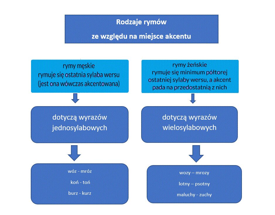 Diagram z wyjaśnieniem rodzajów rymów. Rodzaje rymów ze względu na miejsce akcentu: Rymy męskie (rymuje się ostatnia sylaba wersu, jest ona wówczas akcentowana; dotyczą wyrazów jednosylabowych; przykłady: wóz- mróz, koń- toń, burz- kurz); rymy żeńskie (rymuje się minimum półtorej ostatniej sylaby wersu, a akcent pada na przedostatnią z nich; dotyczy wyrazów wielosylabowych, przykład: wozy - mrozy, lotny - psotny, maluchy - zuchy).