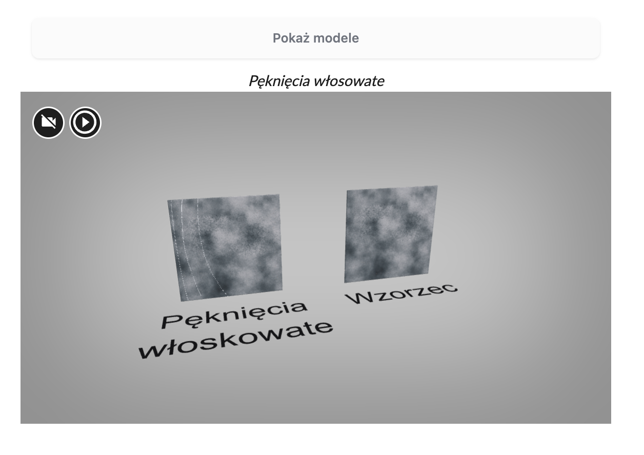 Ilustracja przedstawia wygląd wizualizacji modelu 3D. Na górze znajduje się belka z napisem Pokaż modele, a poniżej ekran z z dwoma płytkami. Jedna podpisana pęknięcia włoskowate jest z wadą, druga płytka podpisana jest jako wzorcowa. W lewej, górnej części ekranu znajduje się ikona z przekreślonym symbolem kamerki i obok ikona z przyciskiem umożliwiającym odtworzenie.