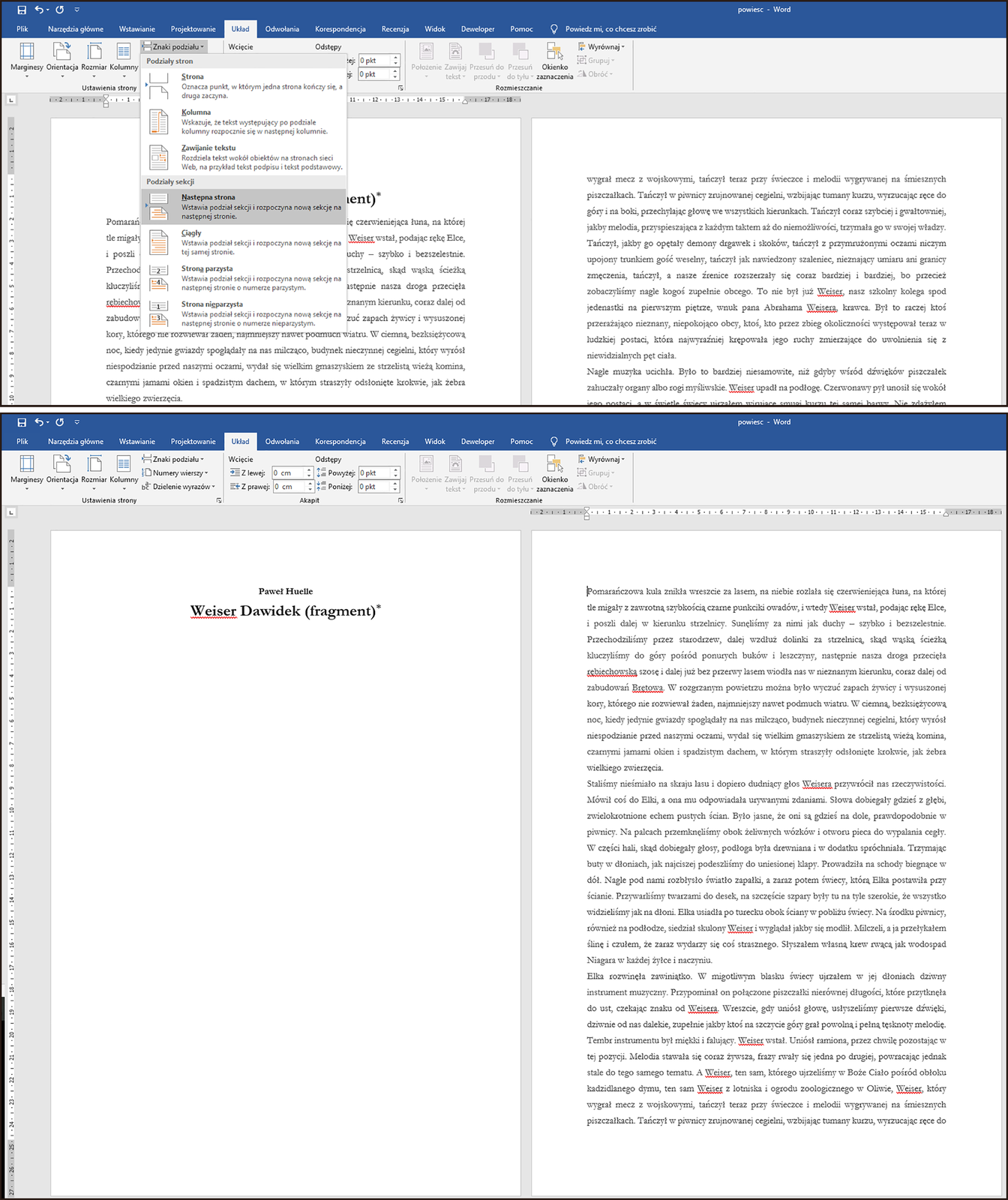Ilustracja składająca się z dwóch części, zawierająca zrzuty ekranu z programu Word. Na górze ilustracji wyświetlono listę dotyczącą podziału strony i sekcji, znajdującą się w karcie Układ pod przyciskiem Znaki podziału. Lista zawiera następujące pozycje: Strona, Kolumna, Zawijanie tekstu, Następna strona, Ciągły, Strona parzysta oraz Strona nieparzysta. Na drugim zrzucie ekranu, w obszarze roboczym programu Word znajdują się dwie strony obok siebie: pierwsza tytułowa i druga z tekstem. 