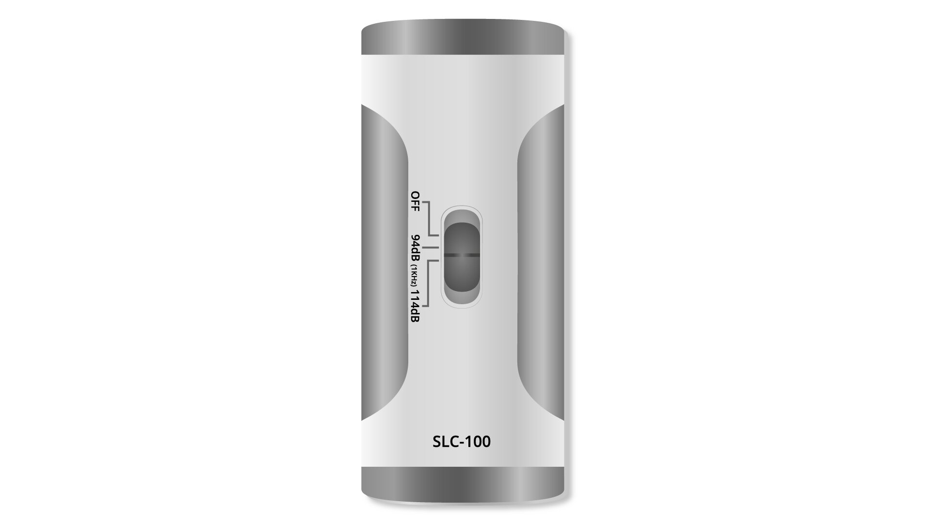 Na grafice widoczny jest kalibrator poziomu dźwięku. Urządzenie to jest koloru srebrnego i ma kształt prostokąta z delikatnie zaokrąglonymi rogami. Na dole i górze kalibratora znajduje się ciemno szare malowanie o niewielkiej szerokości. Podobne malowanie z zaokrąglonymi brzegami występuje po lewej i prawej stronie urządzenia. Na środku widoczny jest przełącznik, który można ustawić w trzech pozycjach. Opis dostępnych pozycji znajduje się po lewej stronie przełącznika. Pierwsza górna pozycja przełącznika opisana jest jako off, druga środkowa jako dziewięćdziesiąt cztery decybele, natomiast ostatnia dolna jako sto czternaście decybeli. Na dole urządzenia ponad ciemniejszym szarym paskiem znajduje się napis es el ce myślnik sto.