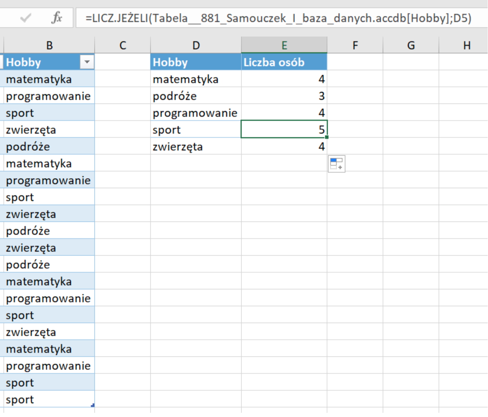 Ilustracja przedstawia arkusz roboczy, zawierający dane: w kolumnie B Hobby; kolumna C jest pusta; w kolumnie D Hobby; w kolumnie E Liczba osób. Dane zawarte w tabeli w kolumnie D i E. Wers 2: matematyka, 4. Wers 3: podróże, 3. Wers 4: programowanie, 4. Wers 5: sport, 5. Wers 6: zwierzęta, 4.