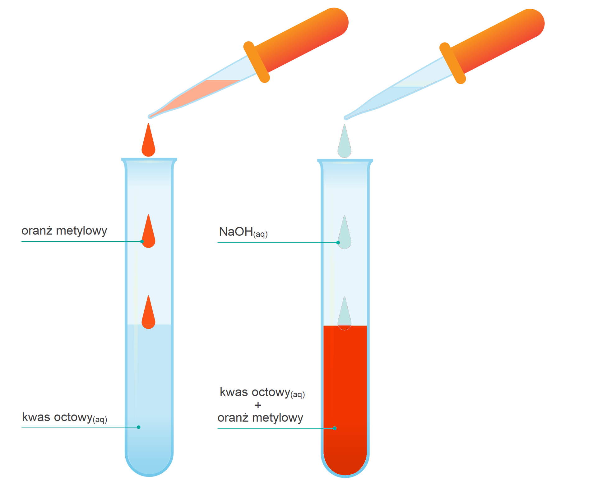 Grafika przedstawia schemat doświadczenia. Przedstawione są dwie niebieskie probówki wypełnione do połowy objętości cieczą. Probówka z lewej strony grafiki zawiera bezbarwną ciecz podpisaną jako kwas octowy. Nad tą probówką znajduje się pipeta, z której wkraplane są do probówki trzy pomarańczowe krople oranżu metylowego. Probówka znajdująca się z prawej strony grafiki zawiera roztwór w kolorze pomarańczowym będący mieszaniną kwasu octowego i oranżu metylowego. Nad probówką znajduje się pipeta z bezbarwną cieczą, z której wkraplane są do probówki trzy krople wodnego roztworu wodorotlenku sodu.