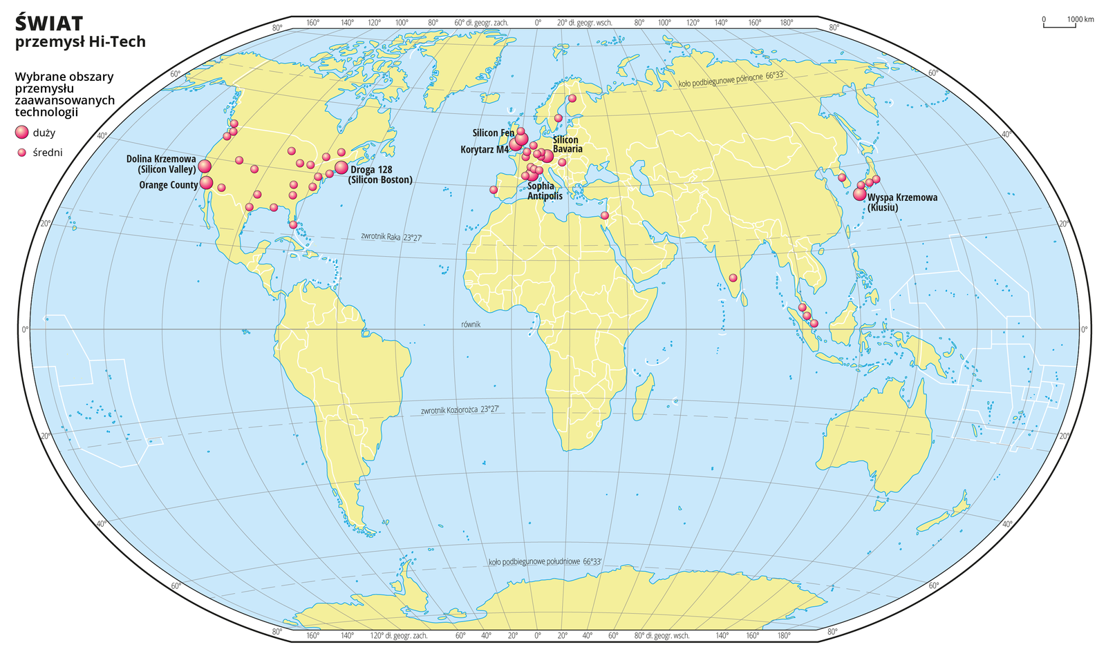 Ilustracja przedstawia mapę świata. Wody zaznaczono kolorem niebieskim. Na mapie za pomocą kół zaznaczono wybrane obszary przemysłu zaawansowanych technologii. Duże kółko obrazuje duże obszary, kółko mniejsze obrazuje obszary średnie. Opisano nazwy obszarów, na przykład Dolina Krzemowa. Duże sygnatury występują na zachodnim i wschodnim wybrzeżu Stanów Zjednoczonych, mniejsze porozrzucane są na całym obszarze Stanów Zjednoczonych. W Europie jest duże zagęszczenie sygnatur obydwu rozmiarów. W Azji przemysł zaawansowanych technologii skupiony jest w Japonii, Korei Południowej i Malezji. Mapa pokryta jest równoleżnikami i południkami. Dookoła mapy w białej ramce opisano współrzędne geograficzne co dwadzieścia stopni. Po lewej stronie mapy opisano użyte sygnatury.